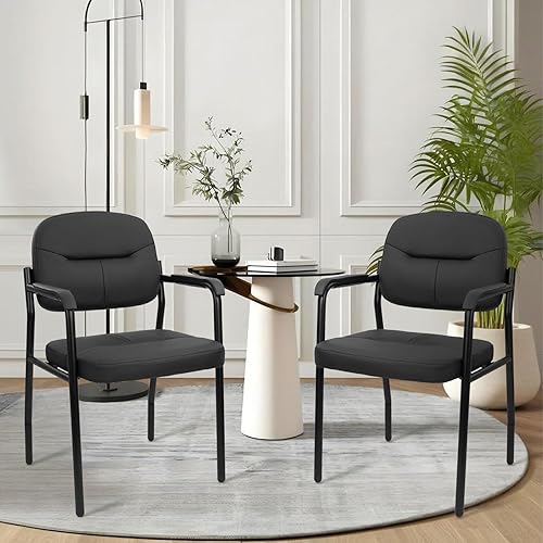 Miniatura 2 de CLATINA Leathert - Juego de 4 sillas de recepción sin ruedas, sillas de invitados de oficina con reposabrazos acolchados y soporte de madera, silla