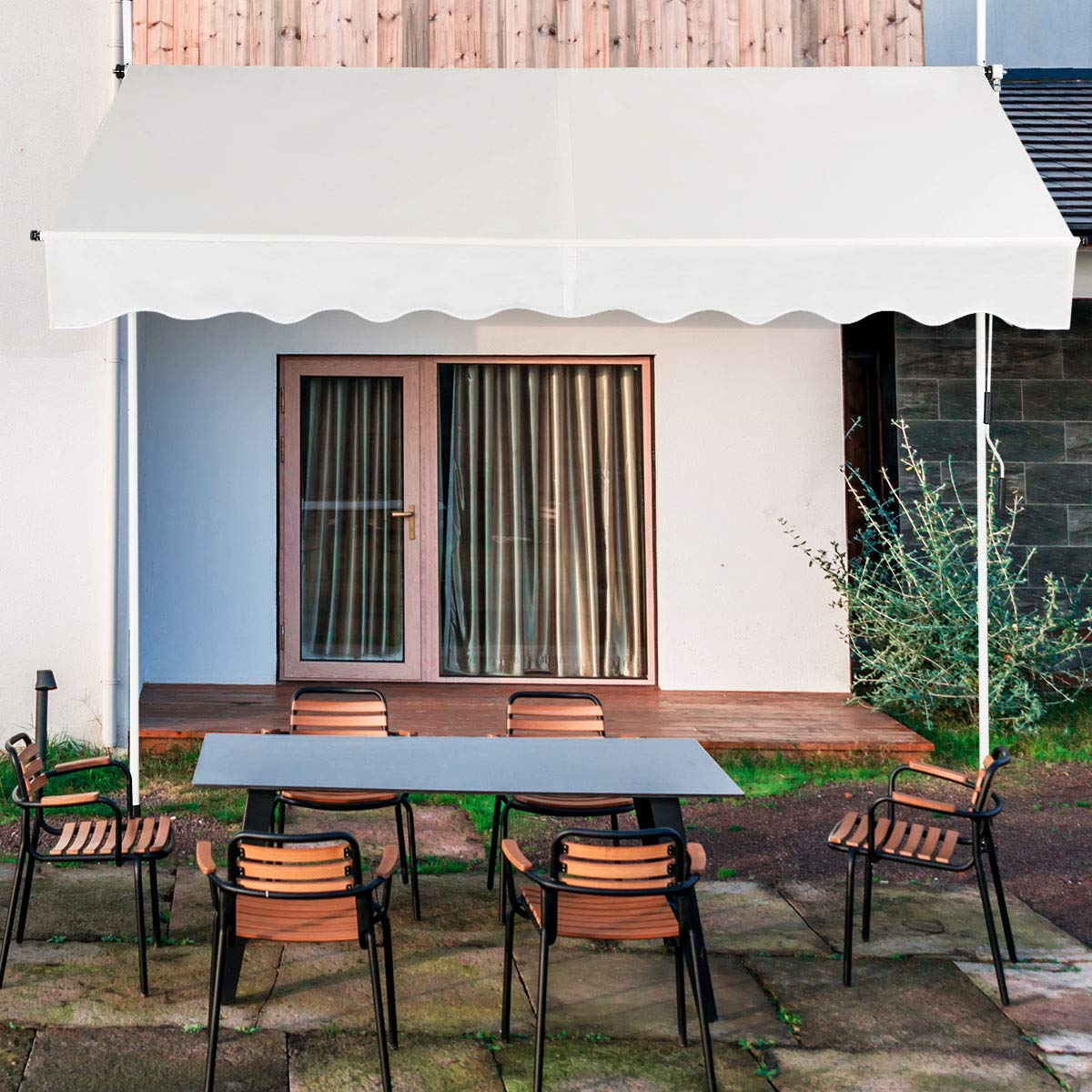 COSTWAY Store Banne Manuel Rétractable de 2,5 x 1,25M avec Manivelle Hauteur Réglable 200-300CM, Auvent de Terrasse en Aluminium Tissu Oxford Imperméable Anti UV, pour Blacon et Porte (Beige)