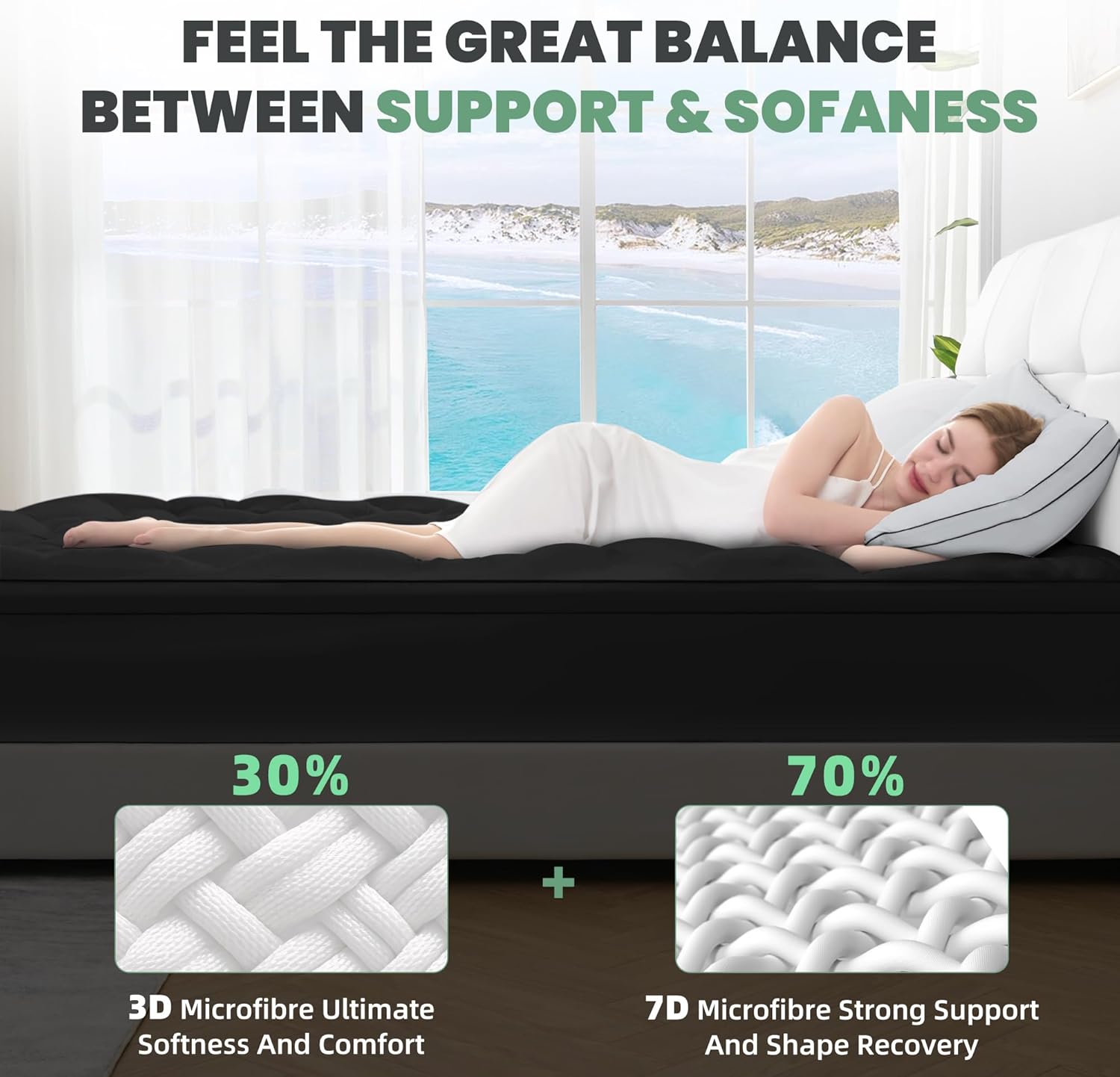 BDEUS Queen Mattress Pad, Extra Thick 1450GSM Mattress Topper, Four Leaf Clover Soft Mattress Protector Cover with 21" Deep Pocket for Back Pain Relief, 3D+7D Down Alternative Fill Overfilled, Black