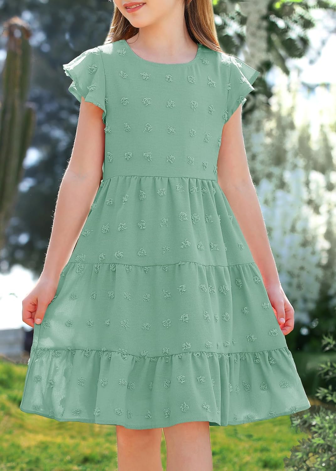 HOSIKA Girls Summer Cute Swiss Dot Flutter Sleeve Boho A Line Swing Tiered Casual Holiday Dress for 6-12 Years - Image 3