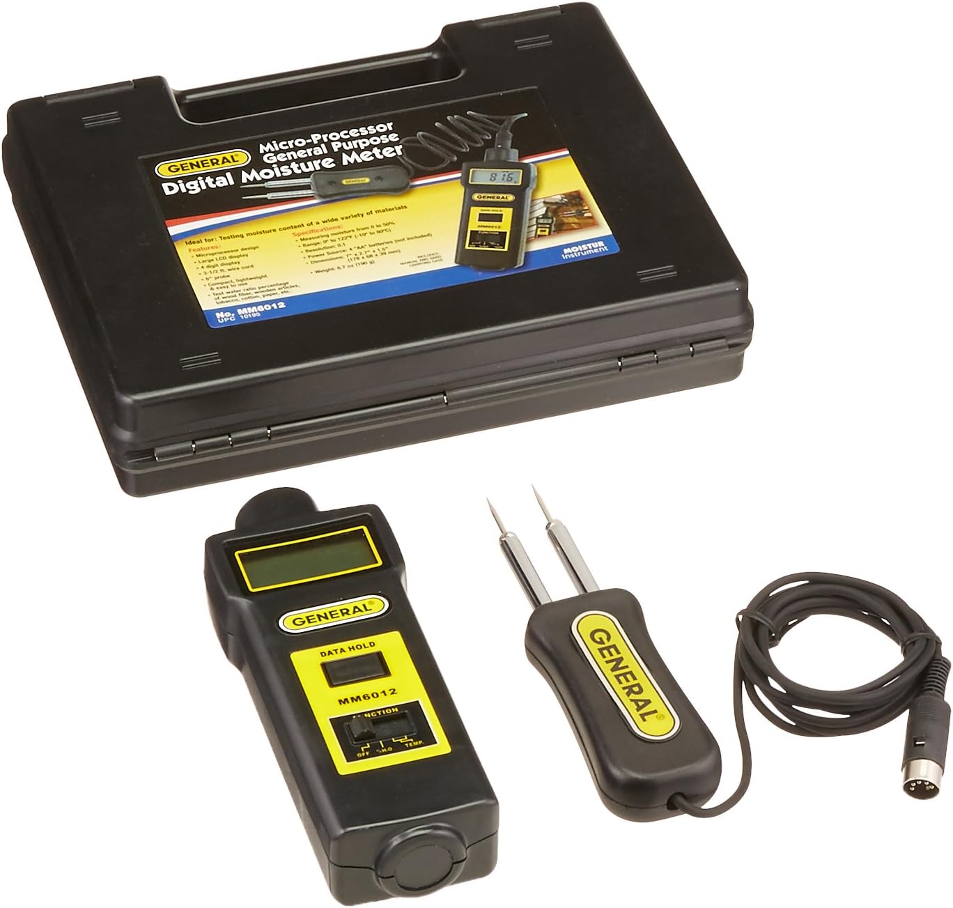 General Tools MM6012 Digital Microprocessor Moisture Meter - Accurate Pin-Type Tester for Wood, Tobacco, Cotton & Paper