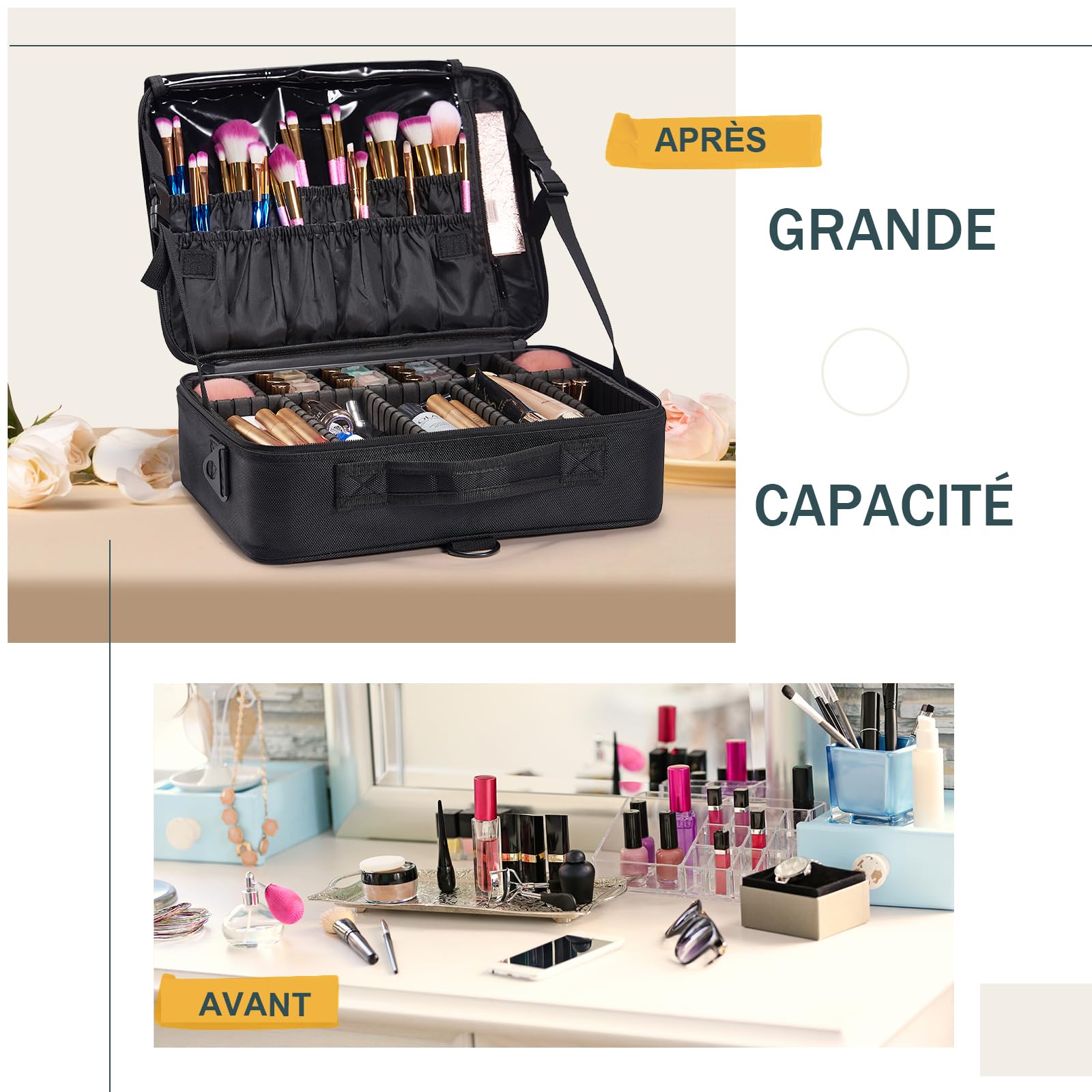 Trousse Maquillage Oxford Tissu Makeup Bag Sac Maquillage Femme Mallette à Ongles Rangement Organiseur Coiffure à Manucure Beauty Case de Voyage y Bandoulière Bijoux Boîte Professionnel, Noir