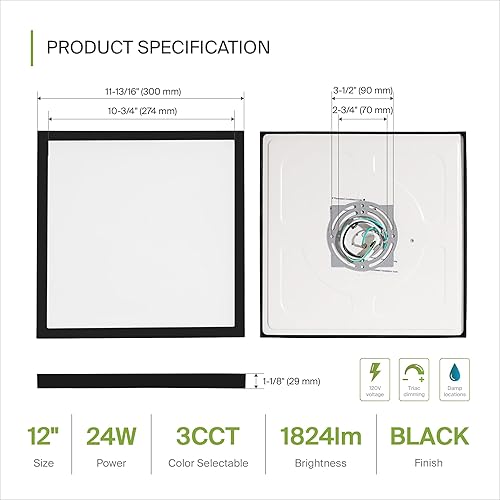 Miniatura 3 de ASD Paquete de 4 luces LED cuadradas de techo empotradas de 12 pulgadas, regulables, 24 W, 1905 lúmenes, cerca del techo, luces negras ajustables de