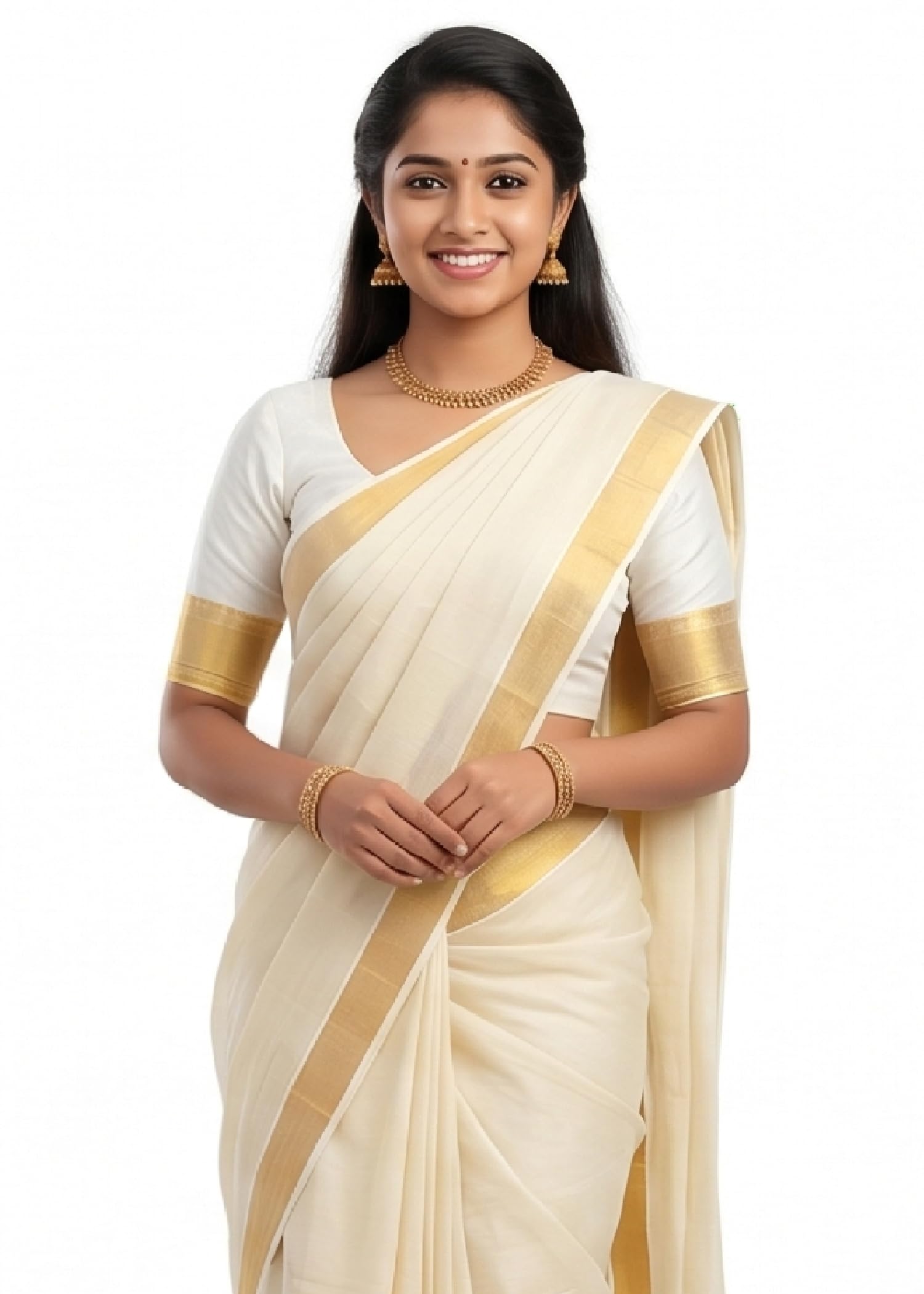 Kerala Kasavu Saree with Blouse Piece | Onam Vishu Pongal Special Cotton Traditional South Indian Saree | Off White with Golden Border | Set Mund Saree (6.25 Meters) Set of 1-image-45