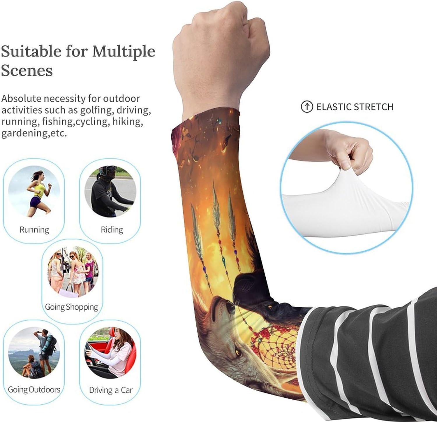 Black And Wolf Dream Catcher Arm Sleeves Sun Protection Sleeves Sports Cooling Arm Compression Sleeve for Men Women