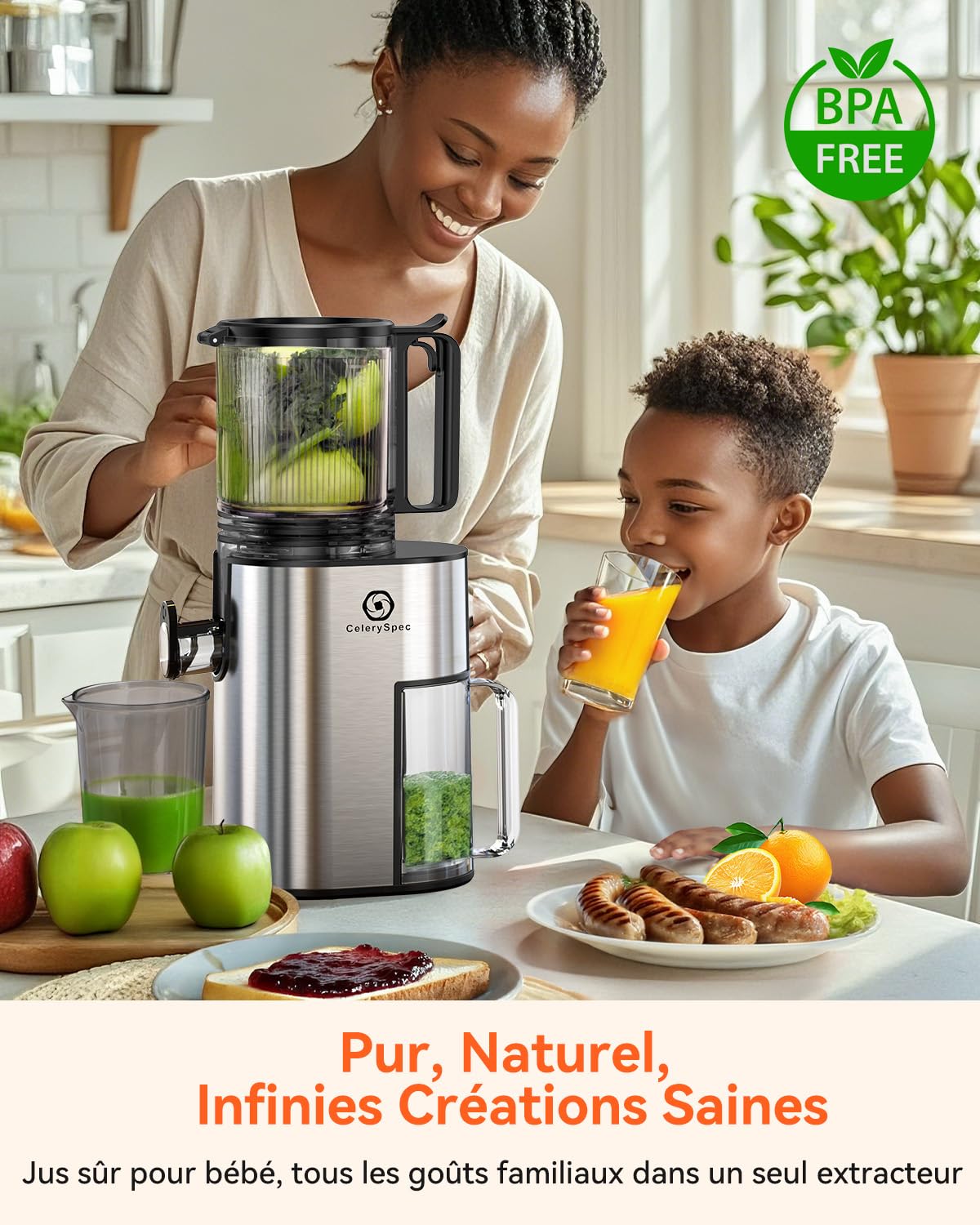 Extracteur de Jus Lent, Centrifugeuse Fruits et Legumes avec Goulotte 130 mm, 1,8L, Slow Juicer Sans BPA, 250W, Nettoyage Facile, Fonction Inverse, Acier Inoxydable Noir
