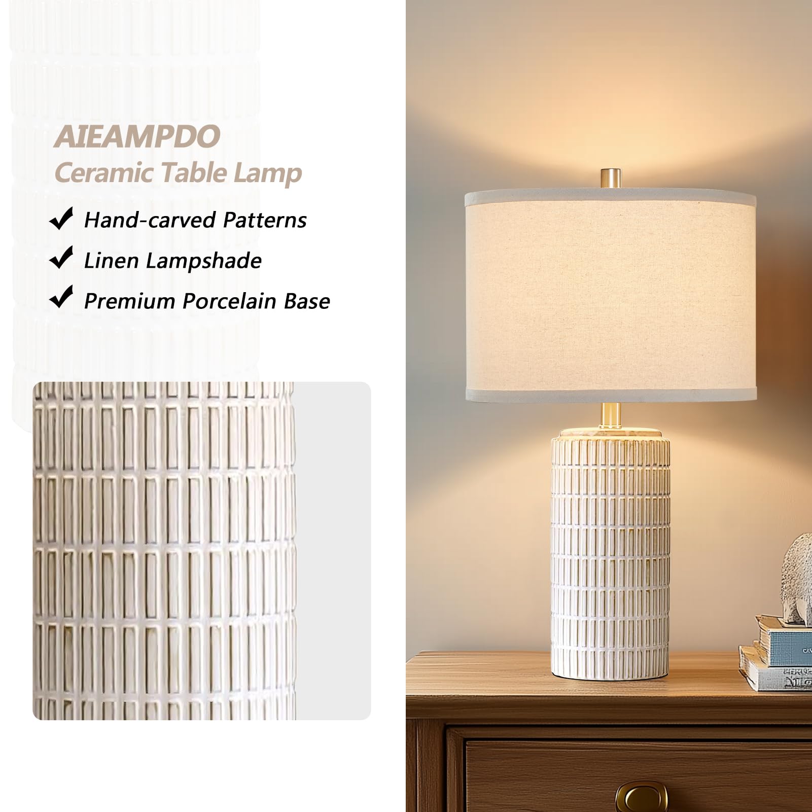 AIEAMPDO Zestaw 2 nowoczesnych ceramicznych lamp stołowych do salonu, sypialni, na stolik nocny, wiejski, beżowa, biała, lampa biurkowa do stolika nocnego, wejścia, 2 żarówki LED w zestawie