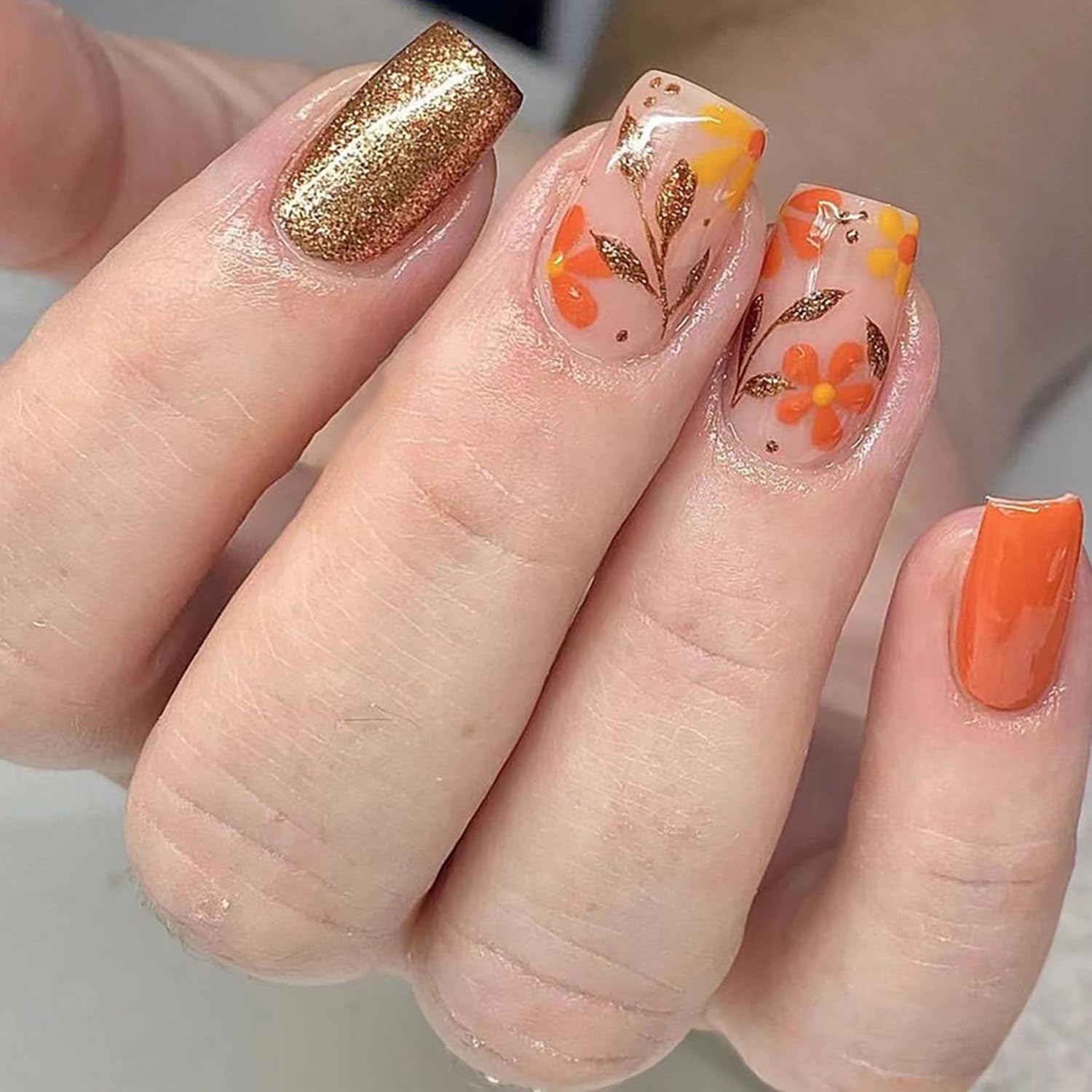 Fall Press-on Medium Square Fake Nails with Fall Leaves & Flower Designs, Gold Glitter Glue, Orange & Yellow Acrylic, Full Cover False Nails, Glossy