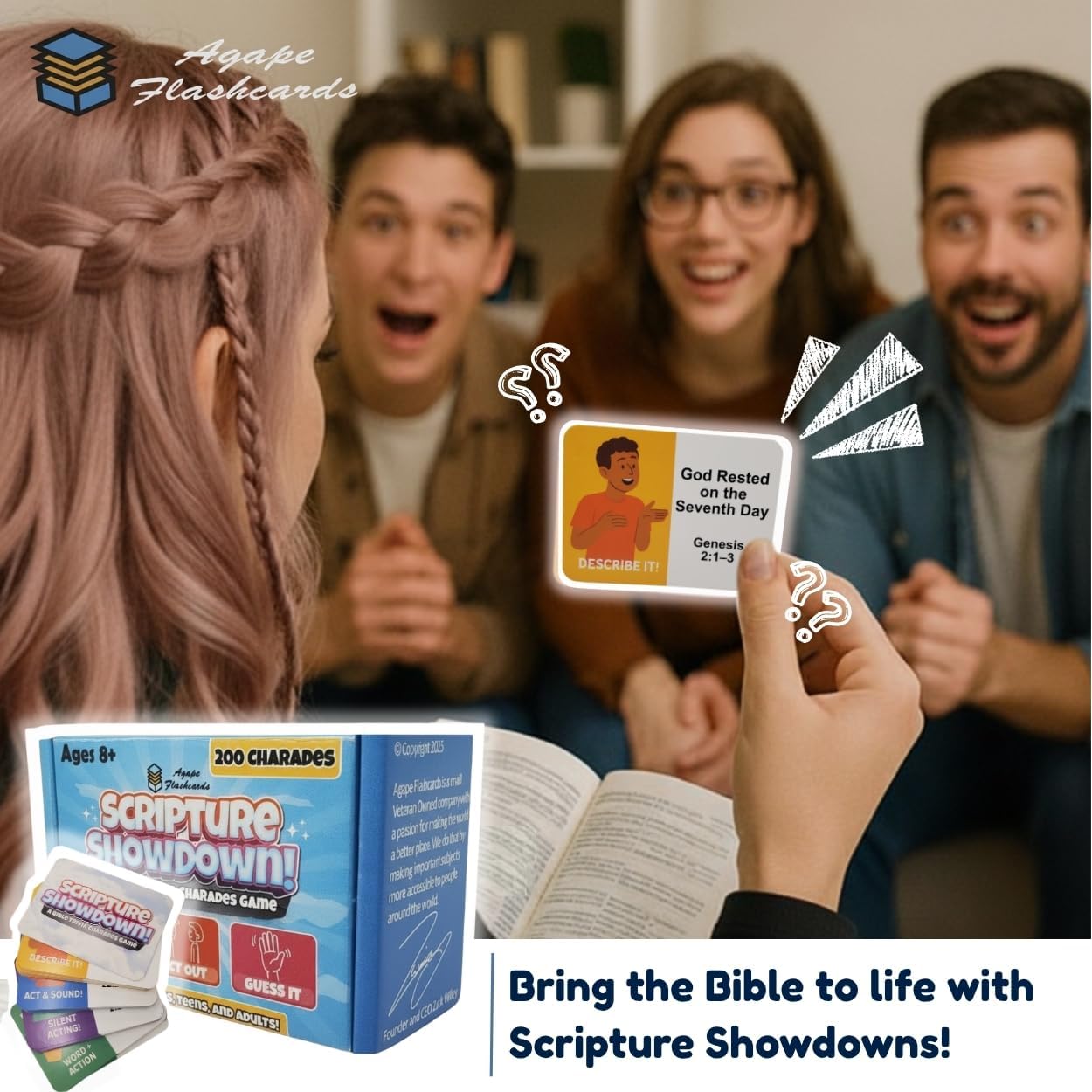 Bible Trivia Charades Game, Scripture Showdown for Families, Teens, Adults, 200 Challenge Cards, Faith Based Party Activity, Christian Game Night, Youth Group Icebreaker, Bible Study, Christian Gifts