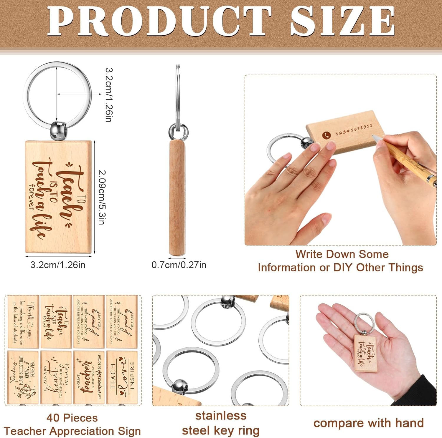 Seajan 120 Pcs Teacher Appreciation Gift Include Teacher Motivational Notebook Journal Retractable Bamboo Ballpoint Pen Wooden Keychain Thank You Gift Bulk for Teachers' Day Student School Supplies