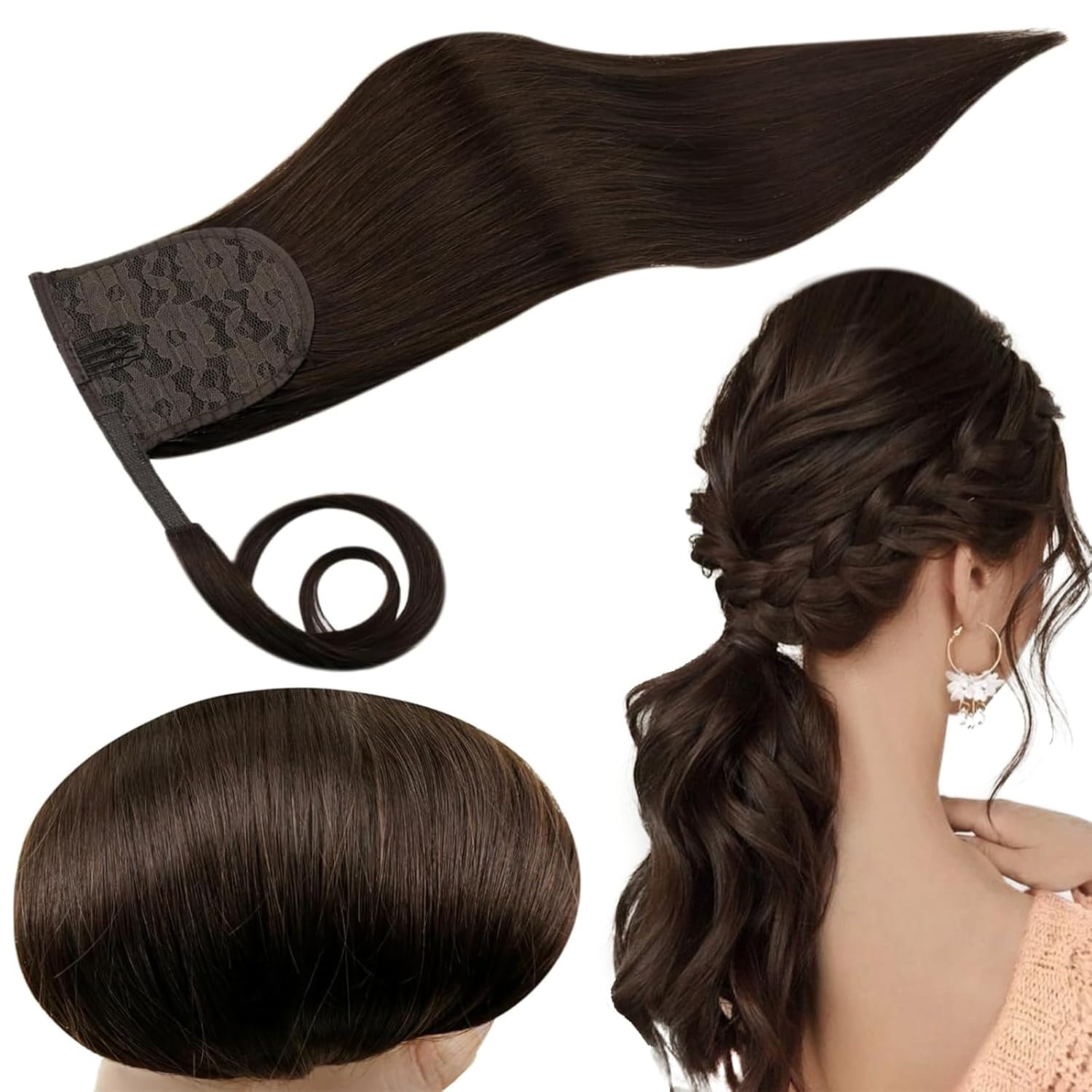 RUNATURE Human Hair Ponytail Extension, Real Ponytail Extension Human Hair, Straight Remy Natural Hair for Women, Blend Well, Easy to Apply, 14 Inch 70g #2 Darkest Brown
