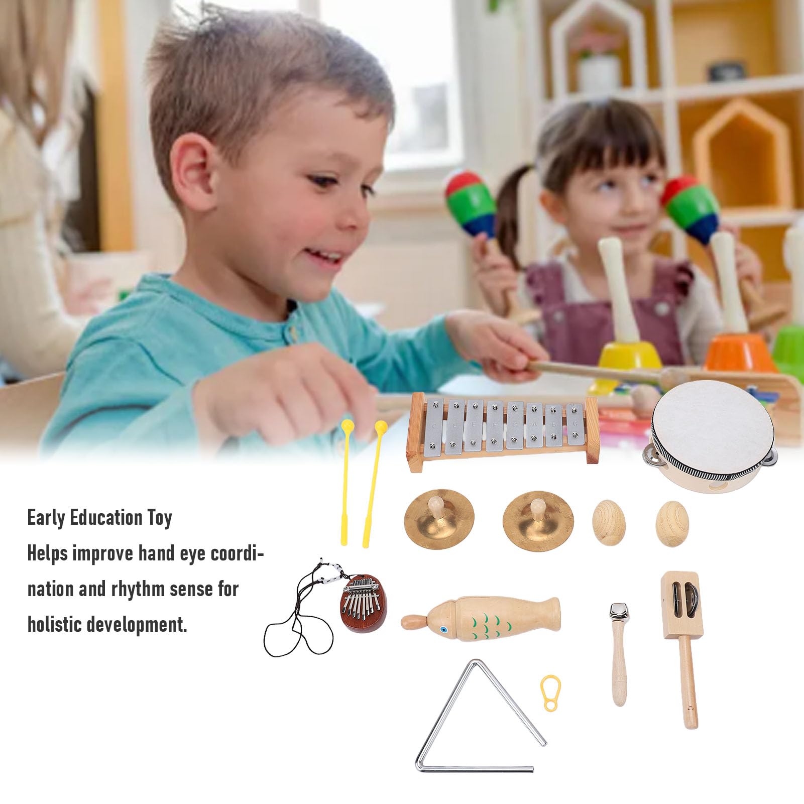 Kinder-Schlaginstrumenten-Set aus Holz, Kleinkind-Schlagzeug-Set mit Xylophon, Trommel, Tamburin und Maracas aus Buchenholz und Metall für die Frühe Lernphase in Vorschule,