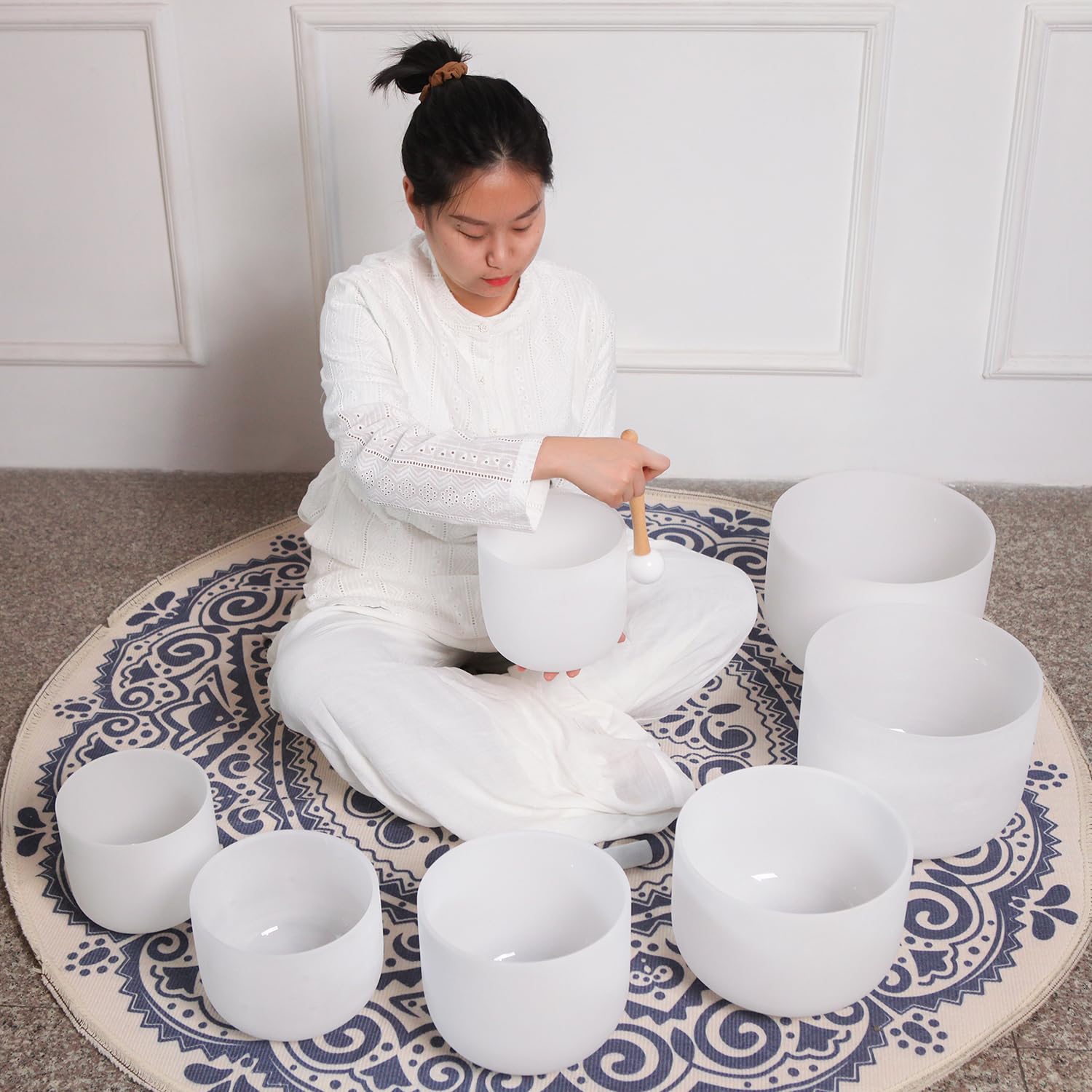 Hye-eun Set di 7 campane tibetane in cristallo da 17-30,5 cm, 432 Hz, per chakra, yoga, meditazione, con custodia resistente