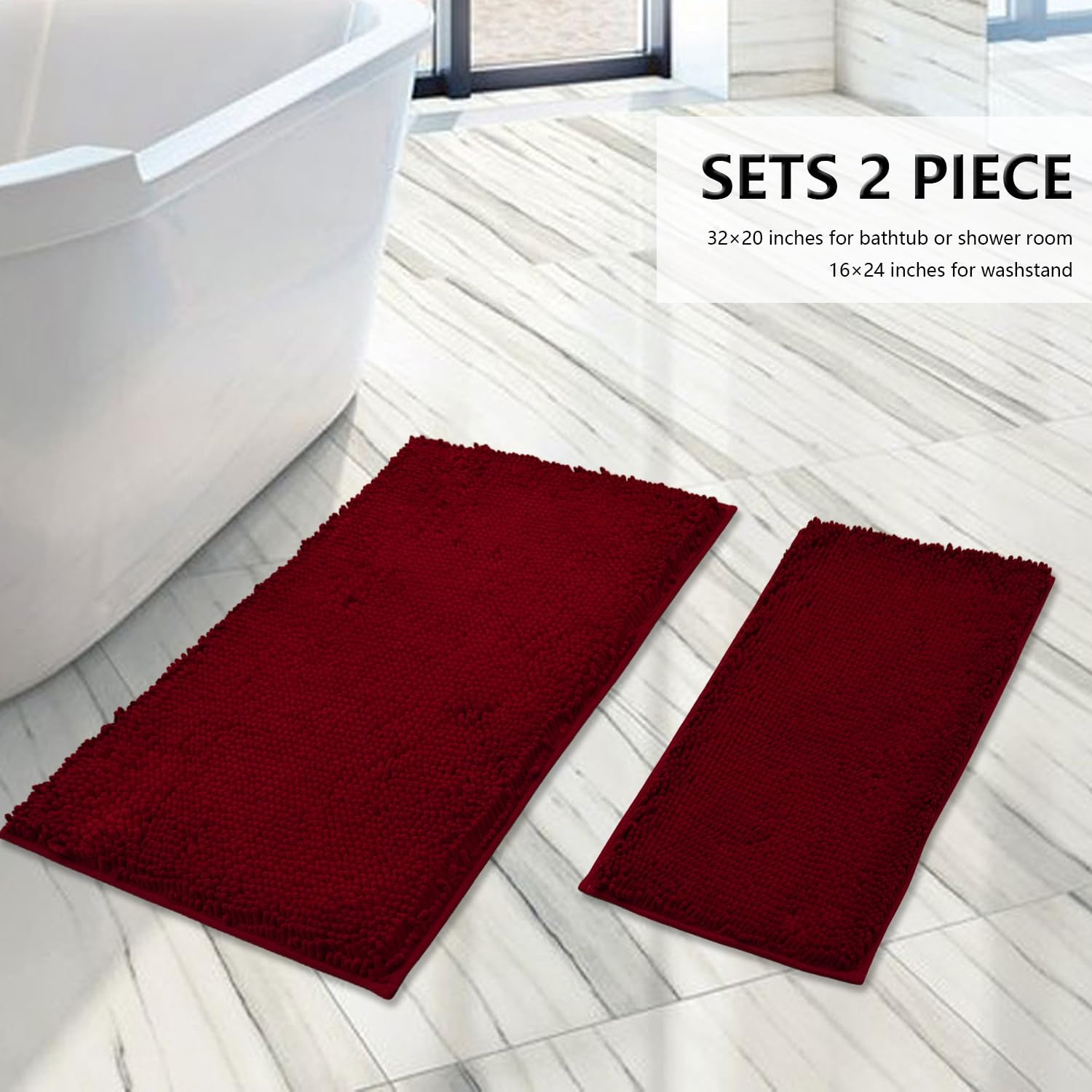 BOANKODU Bathroom Rugs Sets 2 Piece, Extra Soft Chenille Bath Mat Absorbent Bathroom Rug, Bathroom Mat with Sturdy PVC Non-Slip Bottom, Machine Washable Bath Rugs (Burgundy)