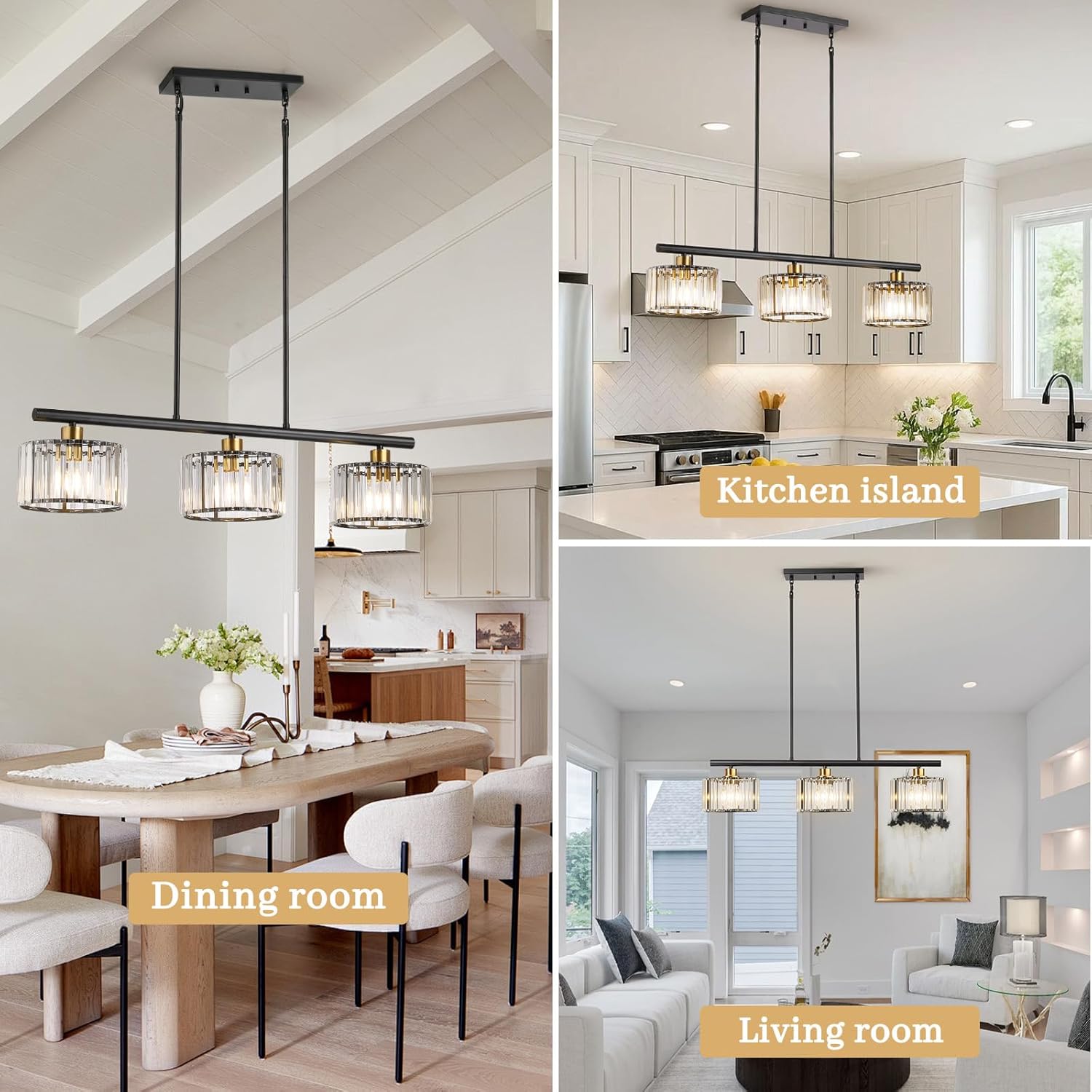 Kitchen Pendant Lighting Over Island, 36 Inch Hanging Light Fixture with Prism Glass Shade, Adjustable Height, Crystal Pendant Light for Dining Room, Bar Counter & Kitchen Sink (Bulb Not Included)