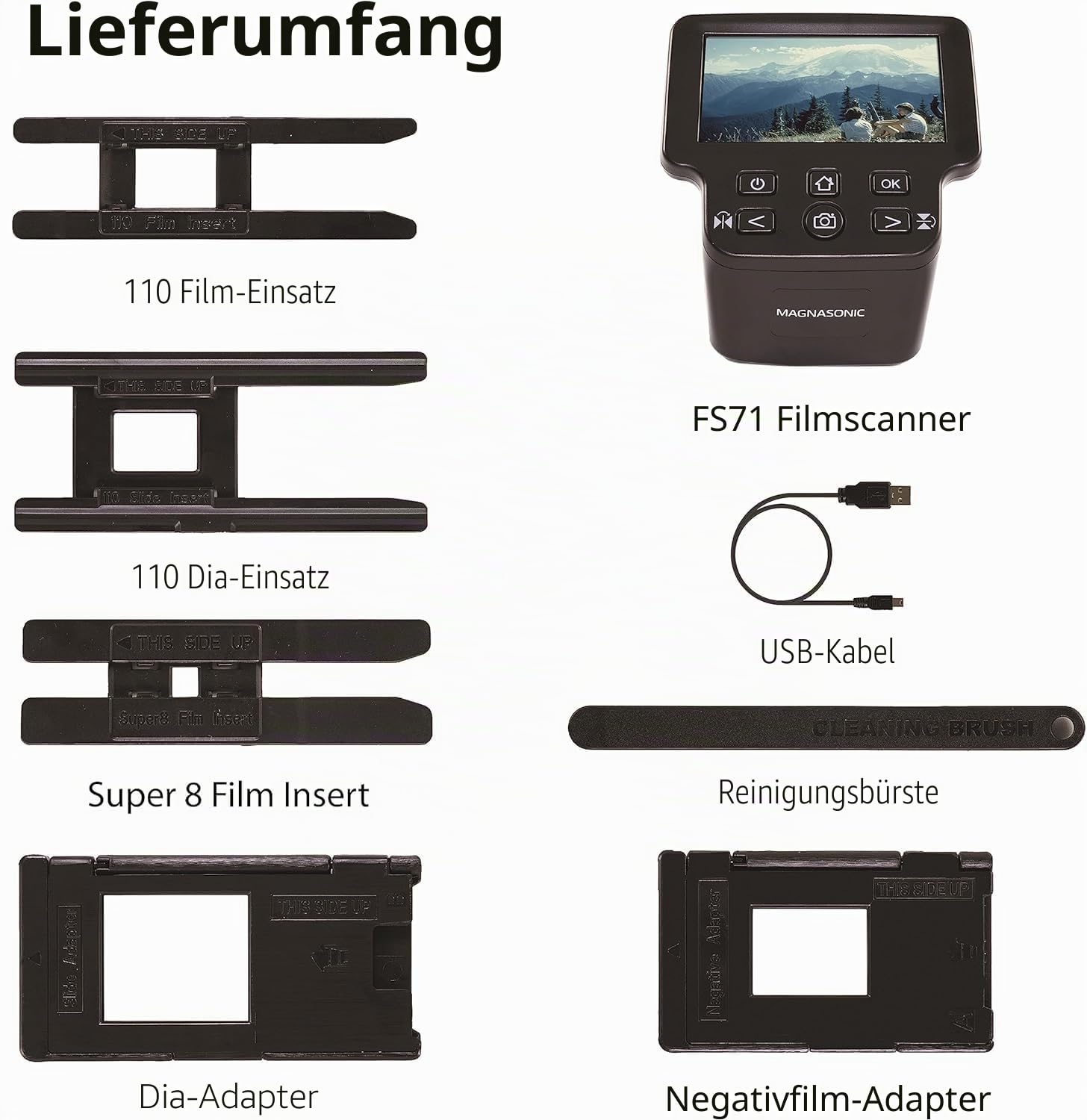 Magnasonic All-in-One 24MP-Filmscanner mit 5"-Display & HDMI, konvertiert 35mm/126/110/Super 8-Filme & Dias in Digitale Fotos, FS71
