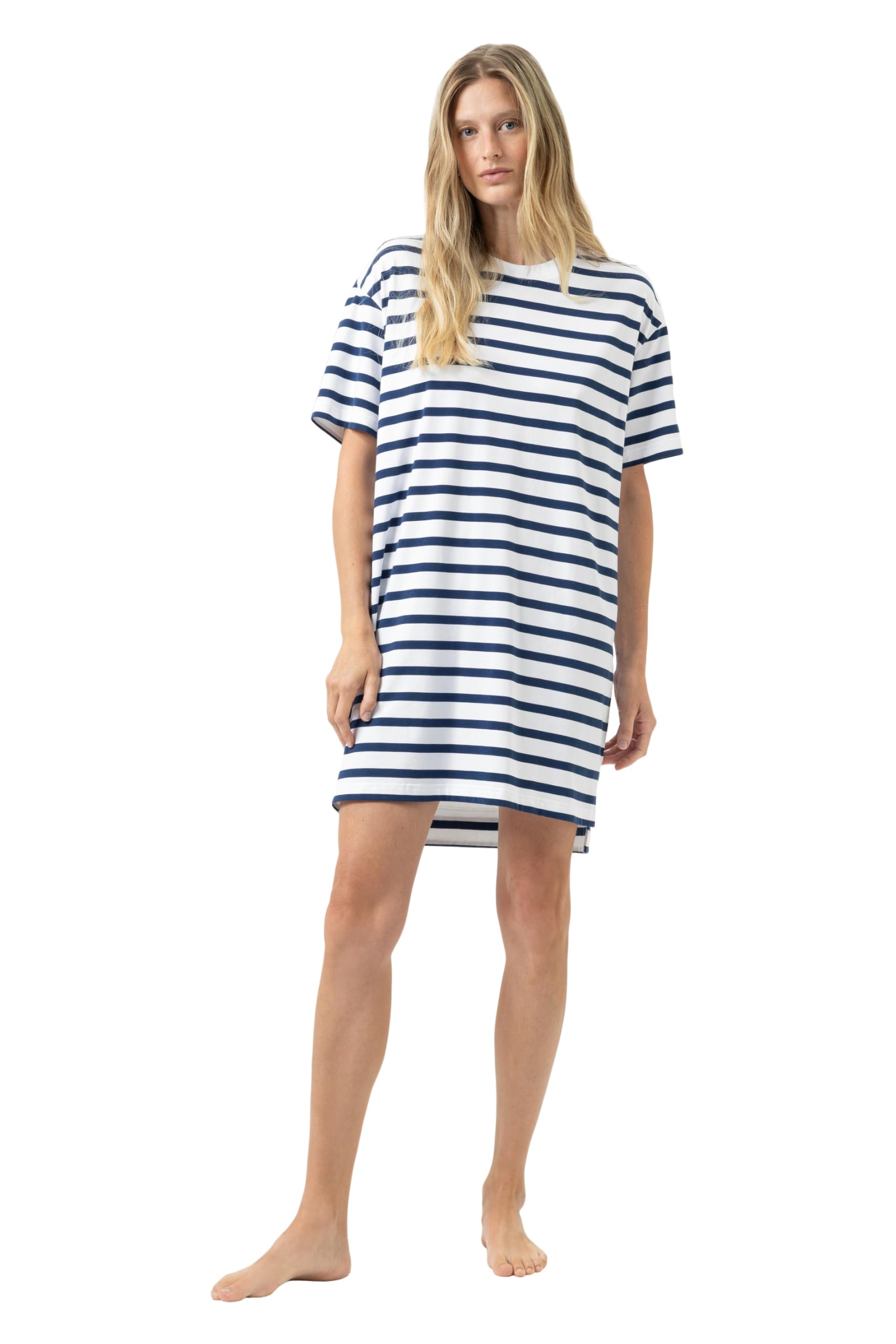 Mey Damen Nachthemd Kurzarm: Modernes Sleepshirt, Gestreiftes Design, Kurzer gerader Schnitt, Kurzarm, Überschnittene Schulter, Serie Breezy Stripes