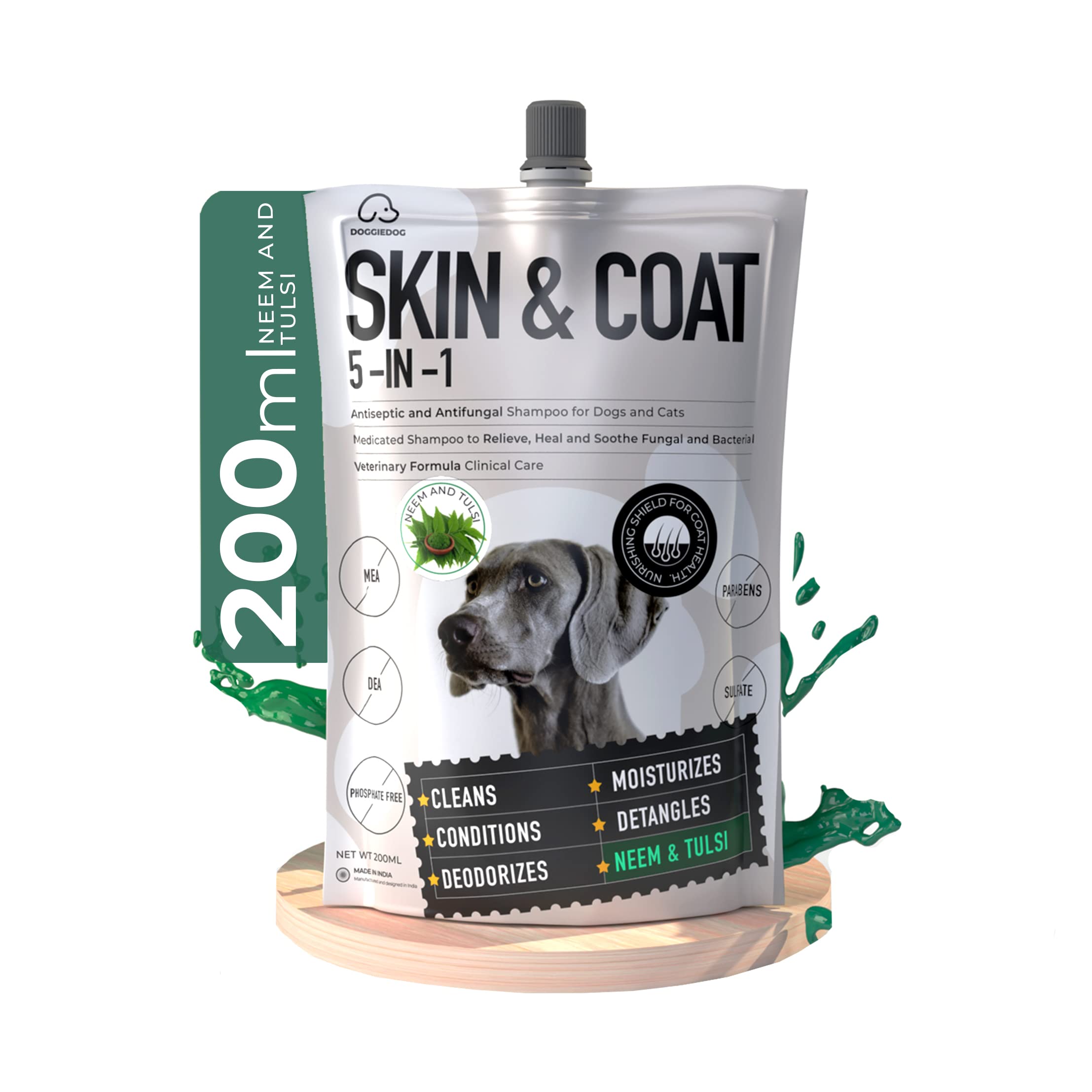 DOGGIE DOG 5-in-1 Neem Tulsi Dog & Cat Shampoo and Conditioner for ticks and fleas, Moisturising for Sensitive Skin, hairfall for pomeranian, golden retriever, shih tzu, pug, labrador, poodle with eBook (Neem Tulsi (5 IN 1) 200ML)