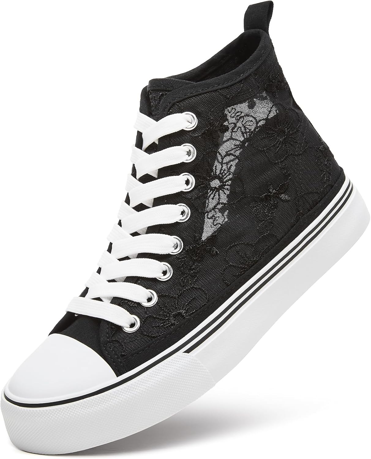 ZGR Womens High Top Sneakers with Embroidery Flower,Casual Breathable Mesh Lace Canvas Shoes,White Summer Tennis Shoes for Women