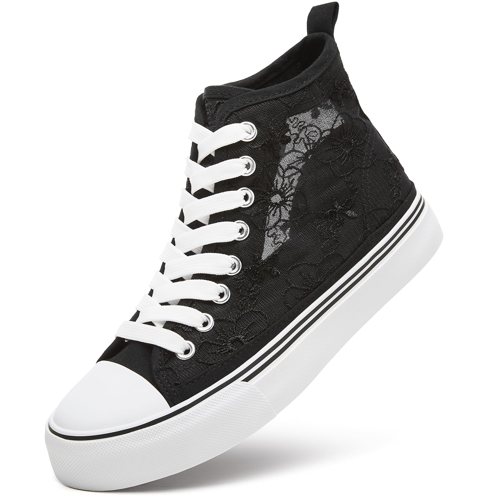 Women's High Top Canvas Sneakers,Fashion Lace-Up with Embroidery Flower