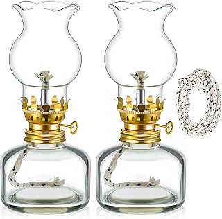 Yexiya 2 Pieces Rustic Oil Lamp Lantern Large Classic Kerosene Lamp Vintage Glass Kerosene with 6.6 ft Extra Oil Wick for Indoor Use Home Decor Lighting(Retro)