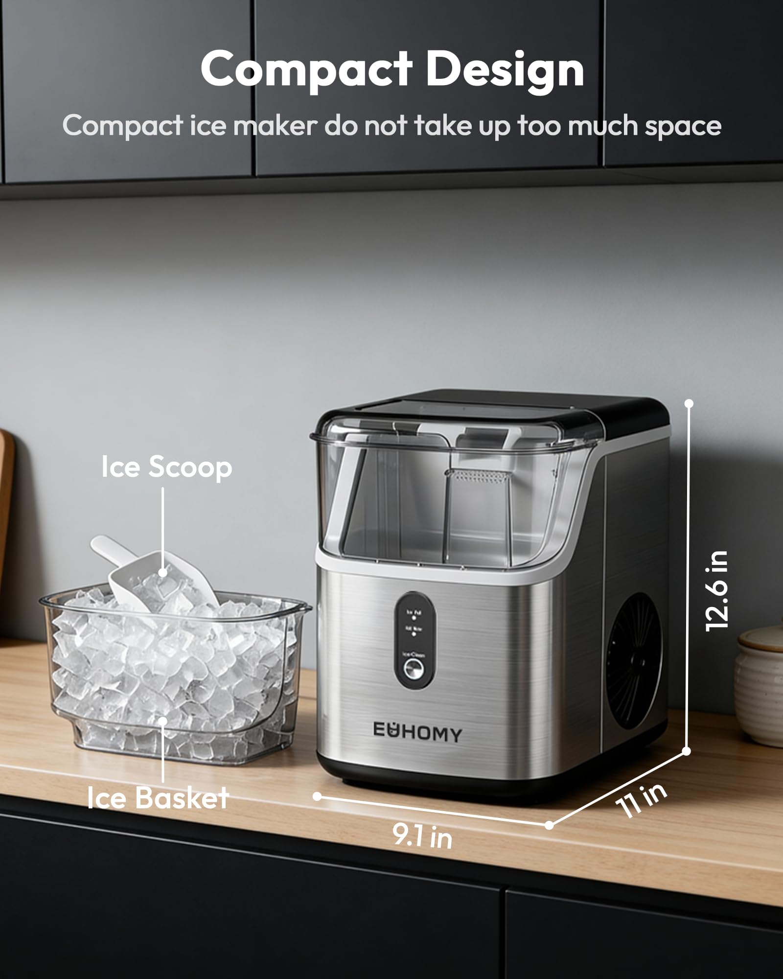 Euhomy Nugget Ice Maker Countertop, Ready In 7 Mins, 34lbs/24h Pebble Ice Maker Machine, Self-Cleaning Countertop Sonic Ice Makers With Ice Scoop&Basket, Pellet Ice Maker For Home, Stainless Steel on Fridge.com - View 6