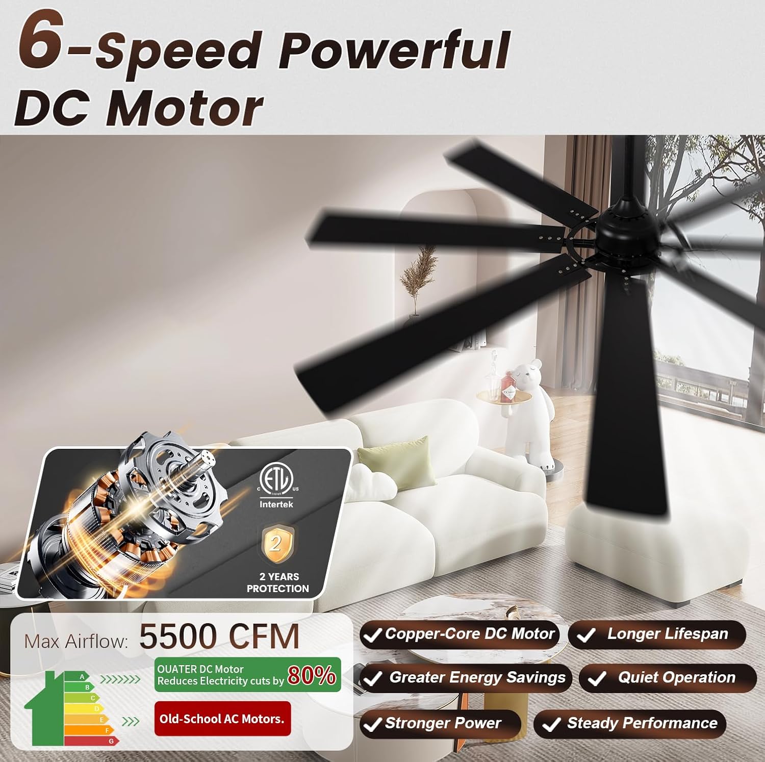72 inch Large Ceiling Fans with Lights and Remote, Indoor/Outdoor Modern Ceiling Fan for Kitchen Living Room Patio, 6 Speed Reversible Quiet DC Motor, 3 CCT, Dual Finish 8 Blades