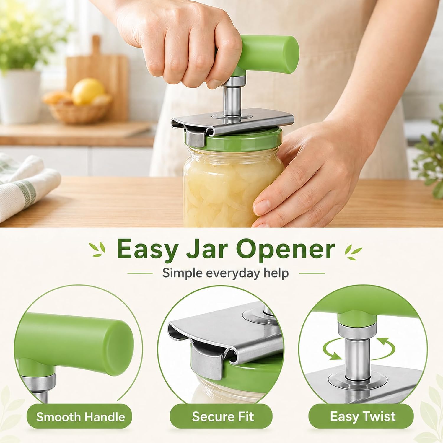 2-Pack Stainless Steel Jar Opener Curved Handle Jar Opener for Elderly and Arthritis Users, Effortless Kitchen Tool for Tight Lids, White and Green Set