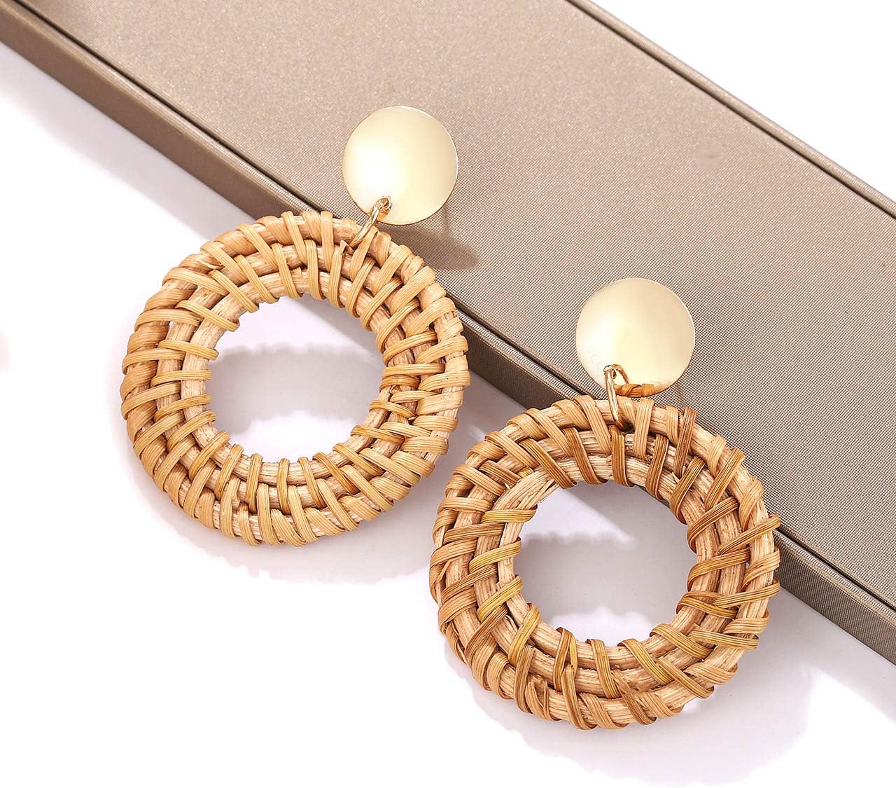 Rattan Earrings for Women Handmade Straw Wicker Braid Drop Dangle Earrings Lightweight Geometric Statement Earrings (A Round) - Image 3