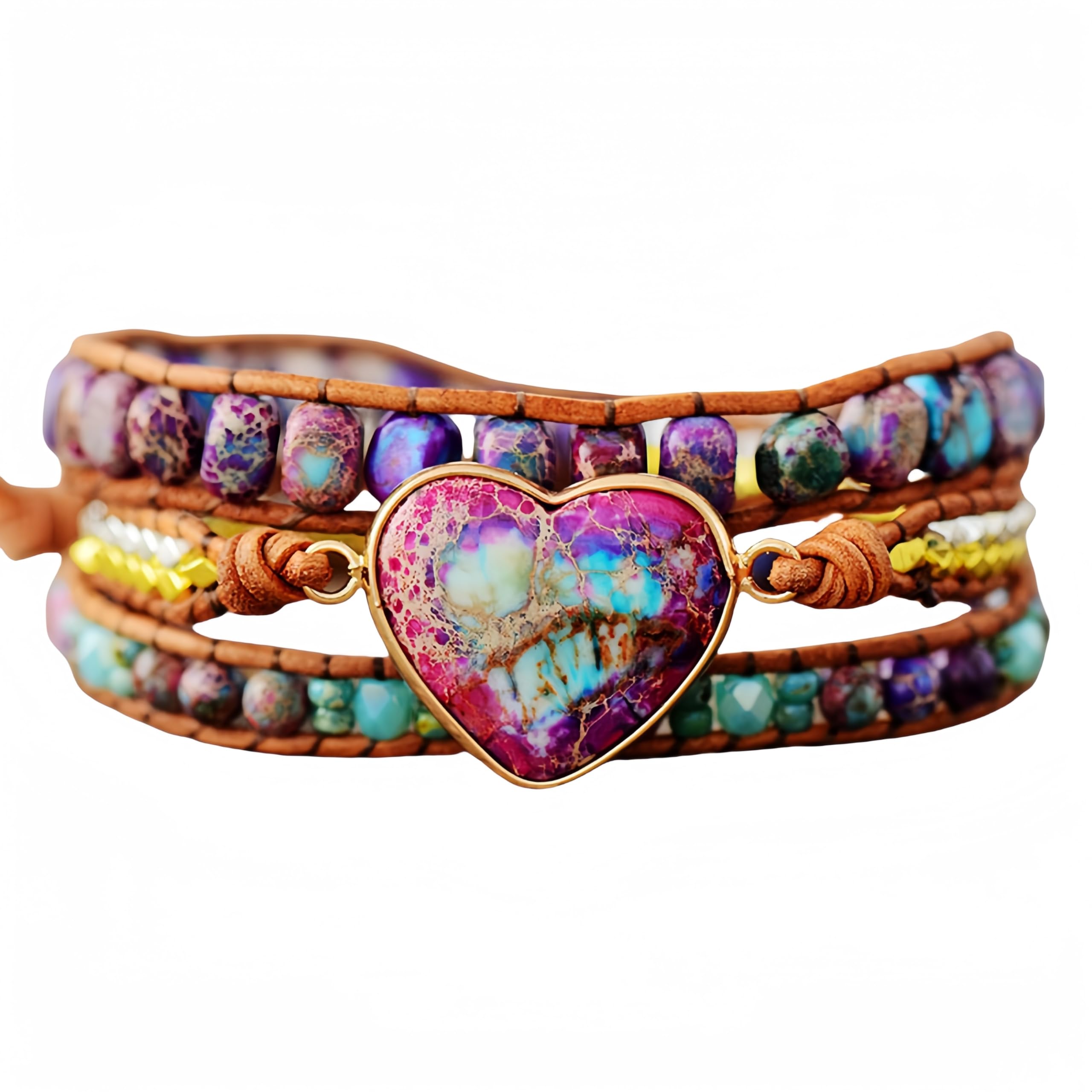 Braccialetto chakra Boho multistrato fatto a mano, bracciali con perline regolabili, braccialetti in pelle con ciondolo a forma di cuore in pietra dell'imperatore, gioielli per uomo e donna
