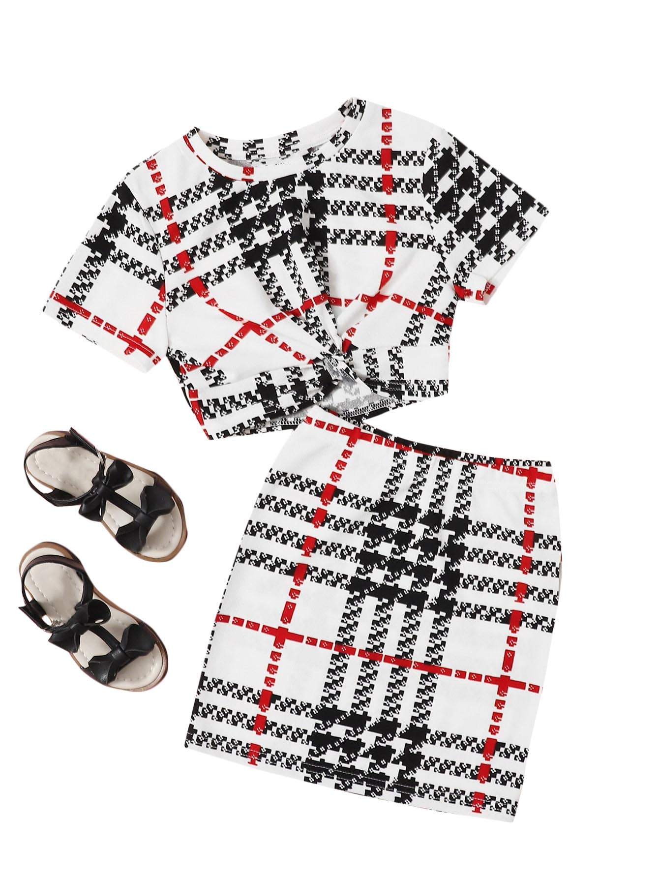 Romwe Girl's Ribbed Long Sleeve Crop Tops and Plaid Pencil Skirt Sets Outfit