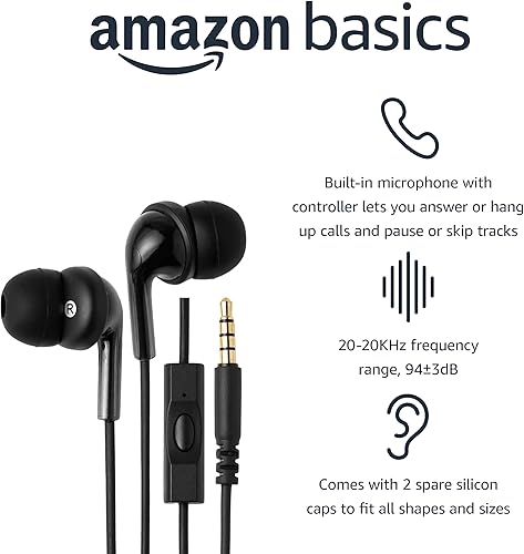 Miniatura 2 de Amazon Basics - Auriculares con cable con micrófono, intrauditivos, conector de 3,5 mm, cable de 1,3 m de largo, almohadillas S/M/L, negro