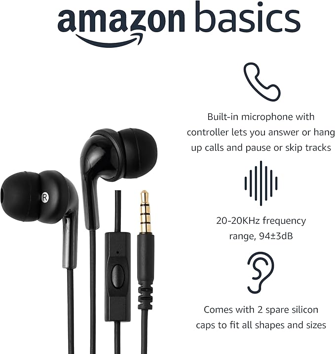 Amazon Basics Wired Earbuds with Microphone, In Ear Headphones, 3.5mm Jack, 4.2 ft long cable, S/M/L Ear Tips, Black
