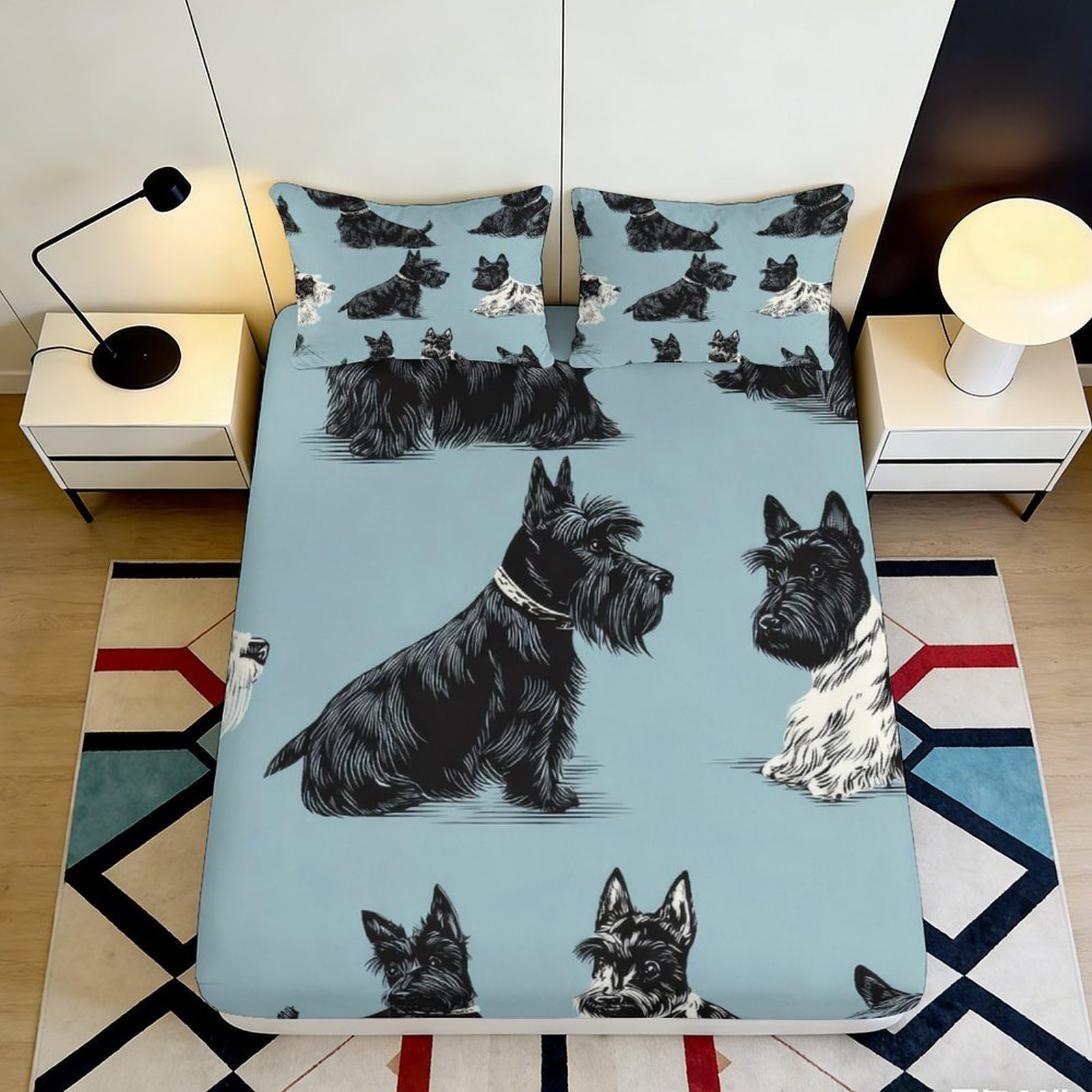 3D Printed Scottish Terrier Dog Fitted Sheet Microfiber Soft Blue Bed Cover for Bedroom Dorm Easy Care Mattress Protection 160x200x25cm