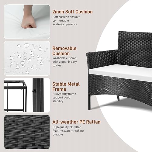 Miniatura 2 de Outvita Juego de muebles de patio de 4 piezas, juegos de conversación de ratán con sofá biplaza suave y mesa de cristal para jardín, patio, balcón,