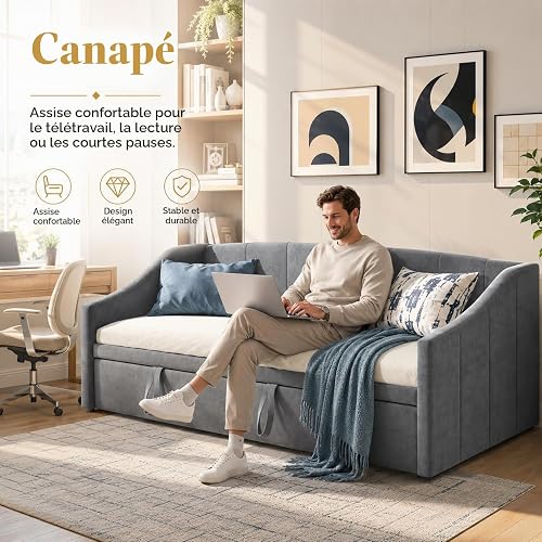 WSOFZMO Lit gigogne 90/180x200, canapé-lit Extensible rembourré en Velours - 4