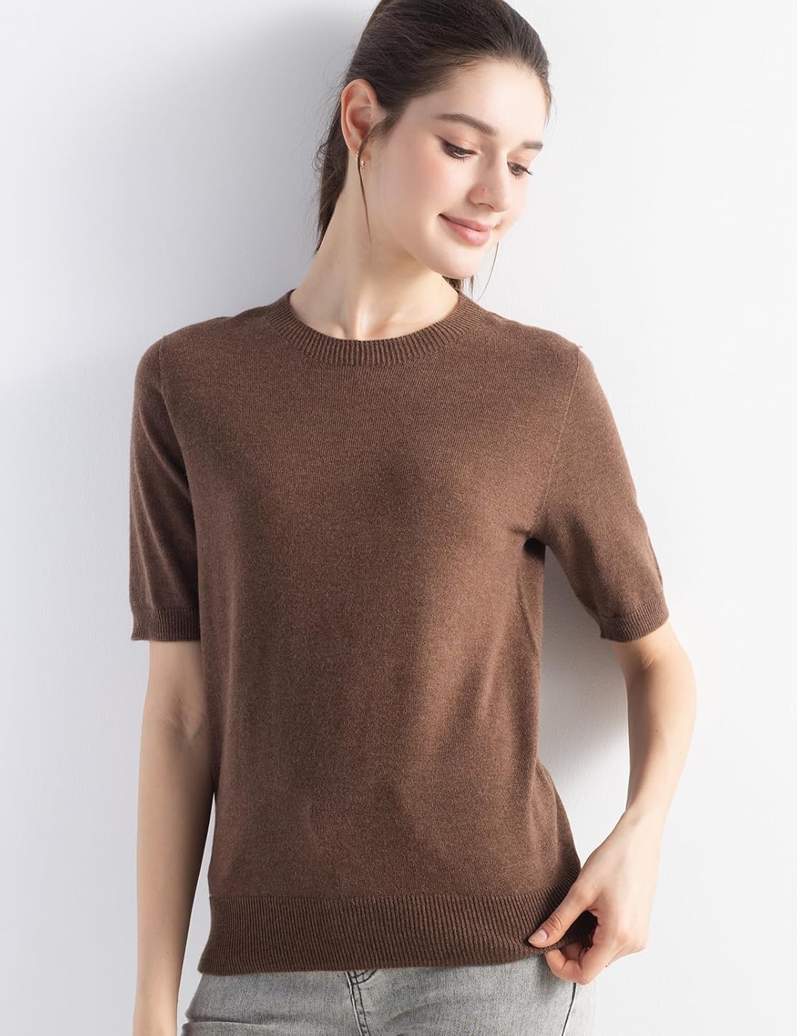 Women's Merino Wool Blend Sweater Fall Winter Crew Neck Short Sleeve First-Line Ready to Wear Seamless Knit Pullover - Image 3