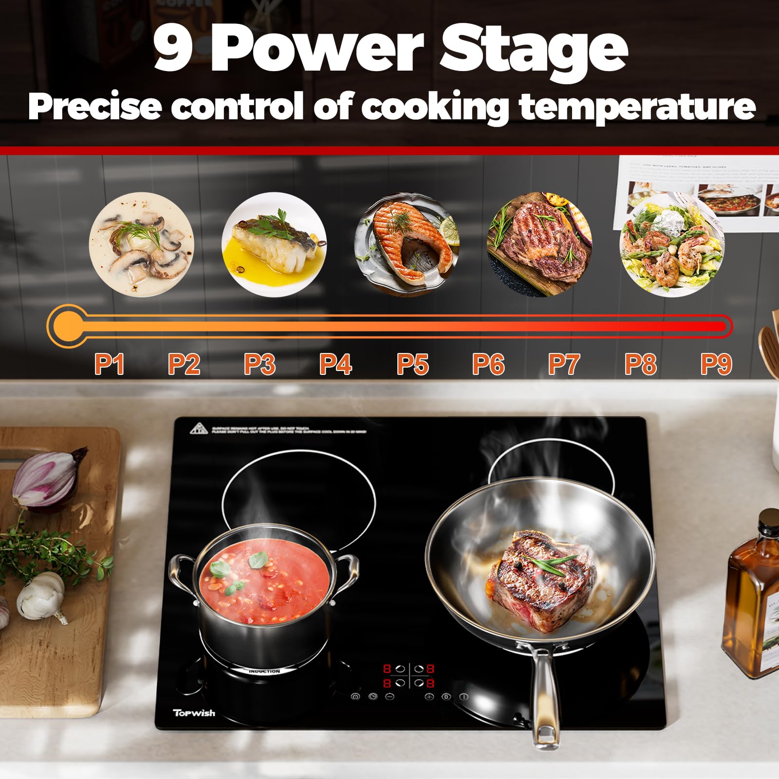 Topwish piano induzione, piano induzione 4 fuochi, piano cottura induzione incasso con sicurezza bambini, funzione boost, controllo touch, indicatore di calore residuo, 60CM, 7200W