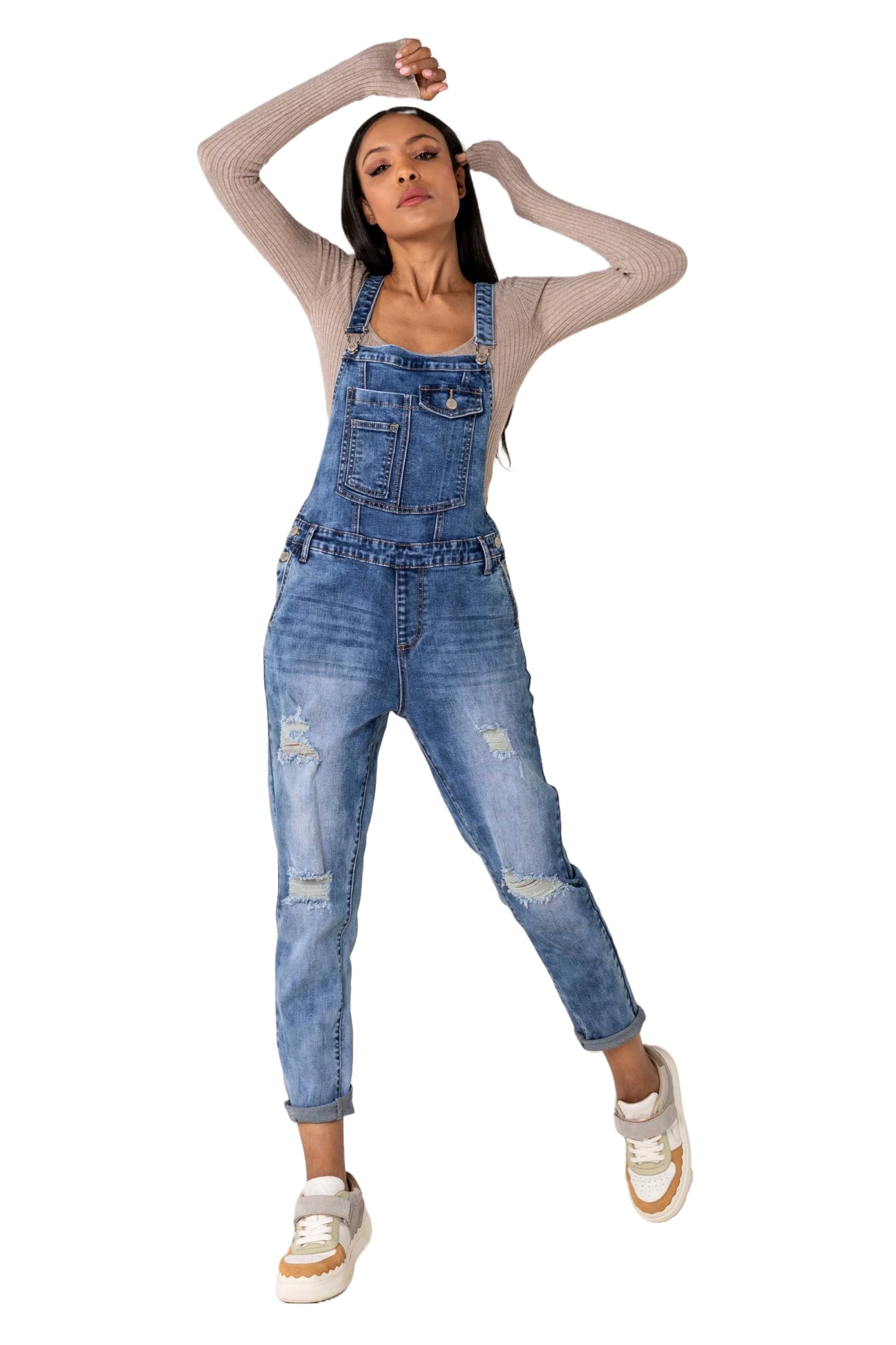 Nina Carter Salopette en Jean pour Femme Boyfriend Look Usé Jumpsuit Denim Combinaison d'été