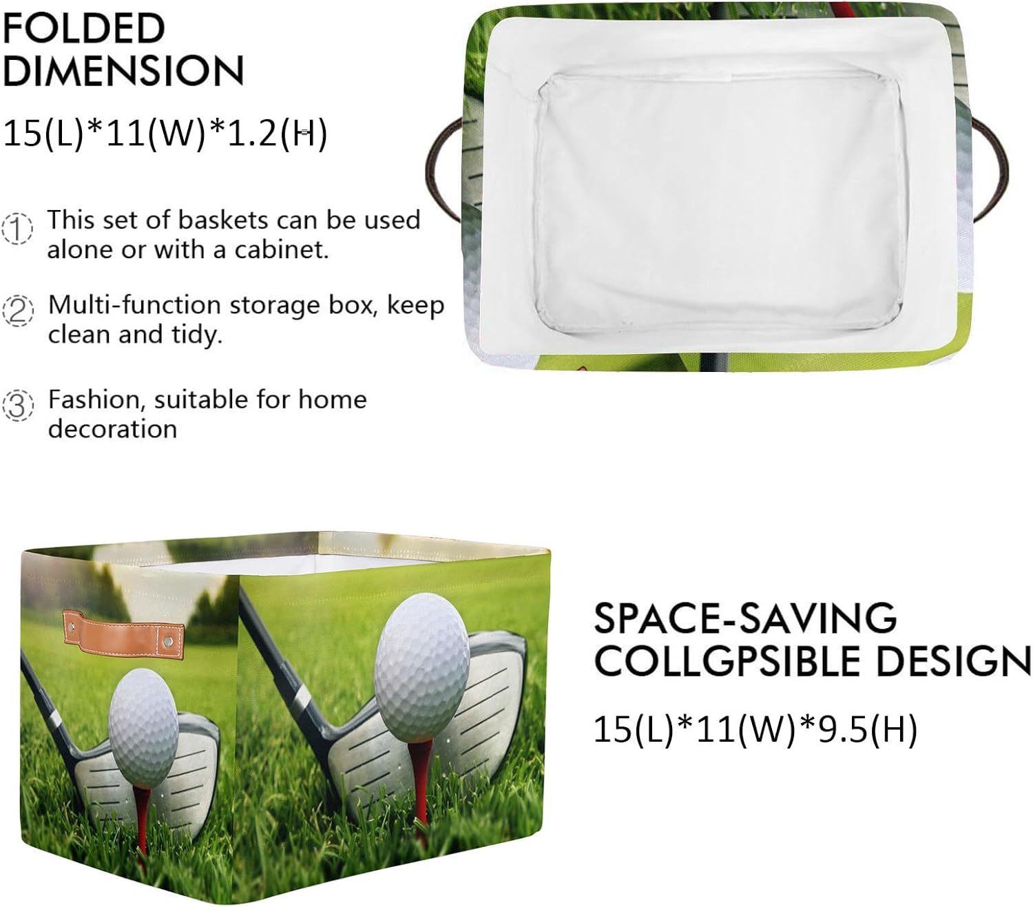 Sport Golf Ball Theme Storage Basket Bins, Decorative Storage Box Collapsible Storage Cubes Organizer with Handles for Nursery Shelf Closet Office Home Bedroom, 1 Pack
