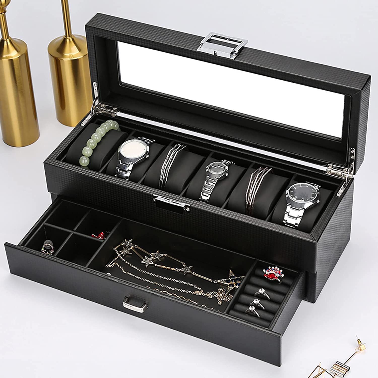 Uhren-Schmuck-Display-Box, doppellagige Kohlefaser-Schublade, Armbänder, Uhrenbox, Vitrine, Organizer mit transparenter Oberseite, Schmuckaufbewahrung, Vitrine für Quarzuhren, Schwarz