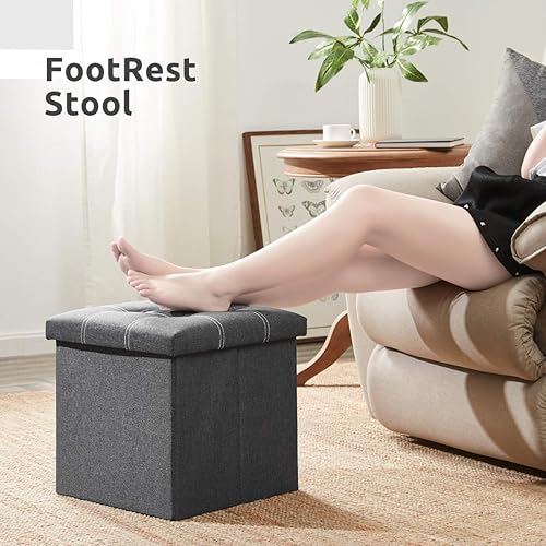 Miniatura 7 de YOUDENOVA 15 inches Storage Ottoman Cube, Foldable Storage Boxes, Padded Seat for Dorm Living Room, Support 300lbs, Line Fabric Grey