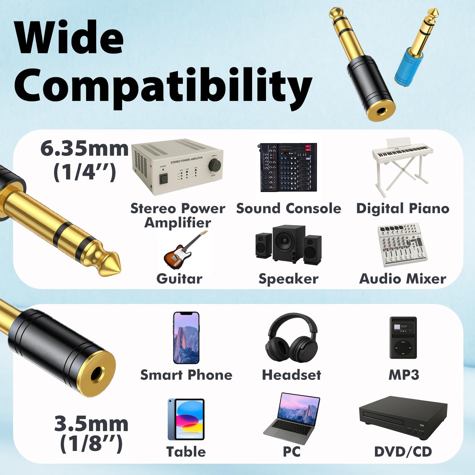 Cyberguys! 2-pak adapterów do słuchawek 3,5 mm na 1/4 – wytrzymały adapter 6,35 mm męski na 1/20.3 cm żeńskie gniazdo słuchawkowe do wzmacniacza, gitary, miksera, kina domowego, amplitunera AV