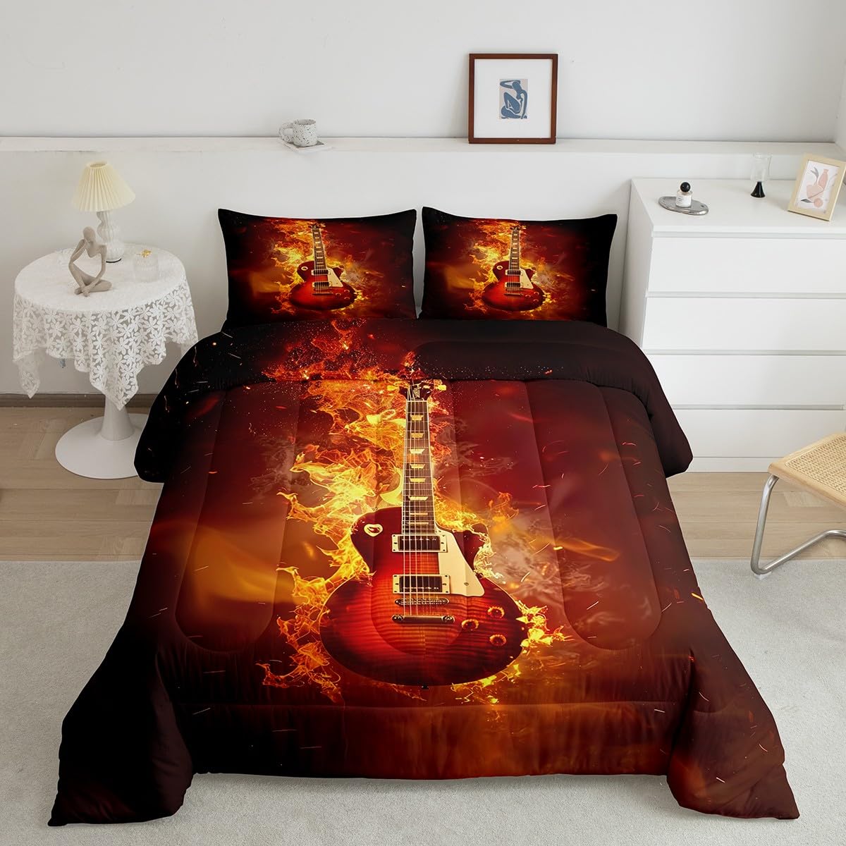 Juego de edredón tamaño King de guitarra, juegos de ropa de cama con temática de música rock, para jóvenes, hombres, adolescentes, niños, niñas, instrumentos musicales, juego de edredón de 3 piezas,
