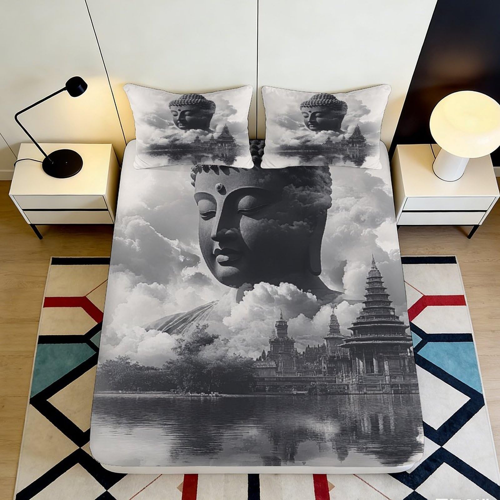 3D Printed Zen Buddha Fitted Sheet Microfiber Deep Pocket Non-Slip Buddha Mattress Fitted Cover Washable for Bedroom Bedding 140x200x25cm