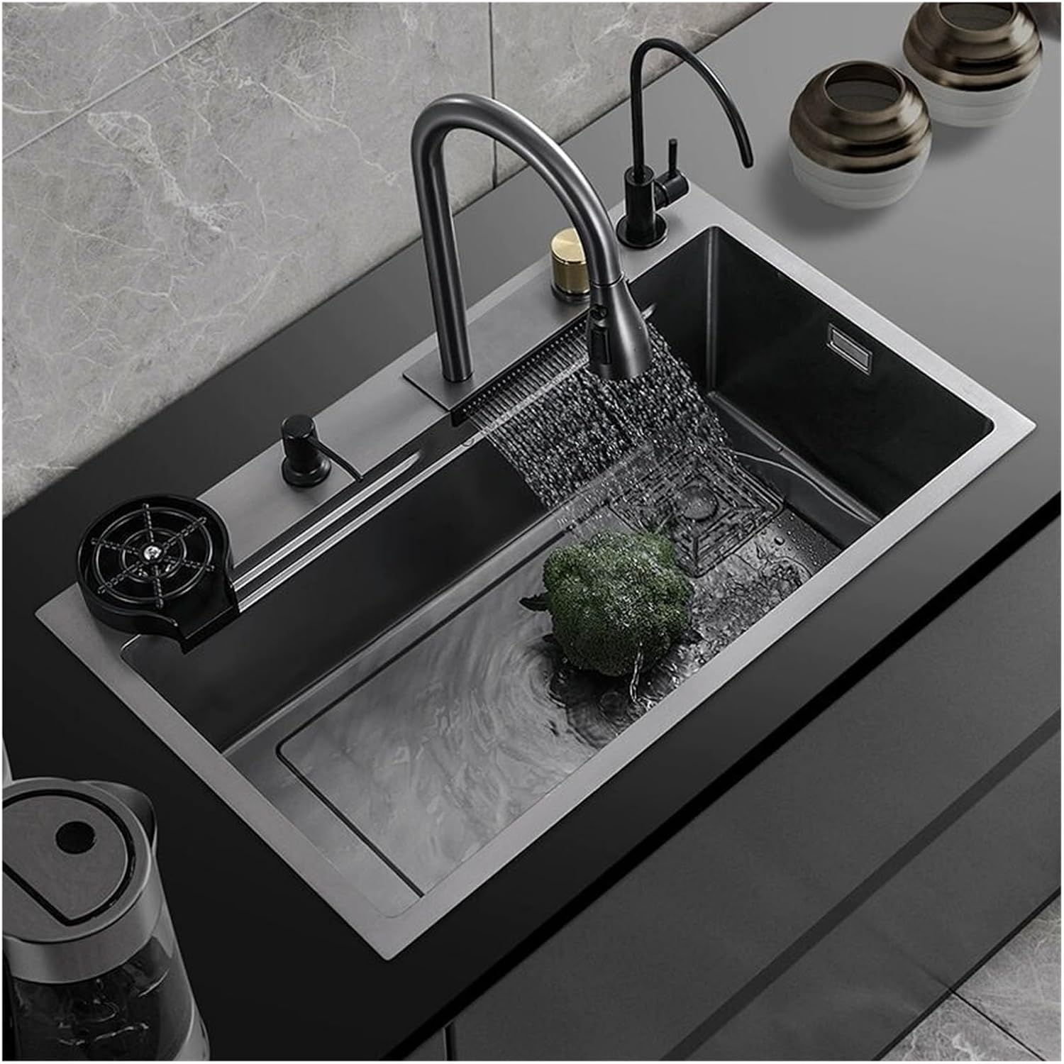 Multifunctional Stainless Steel Kitchen Sink Waterfall Black Handmade Large Single Tank Vegetable Washing Basin