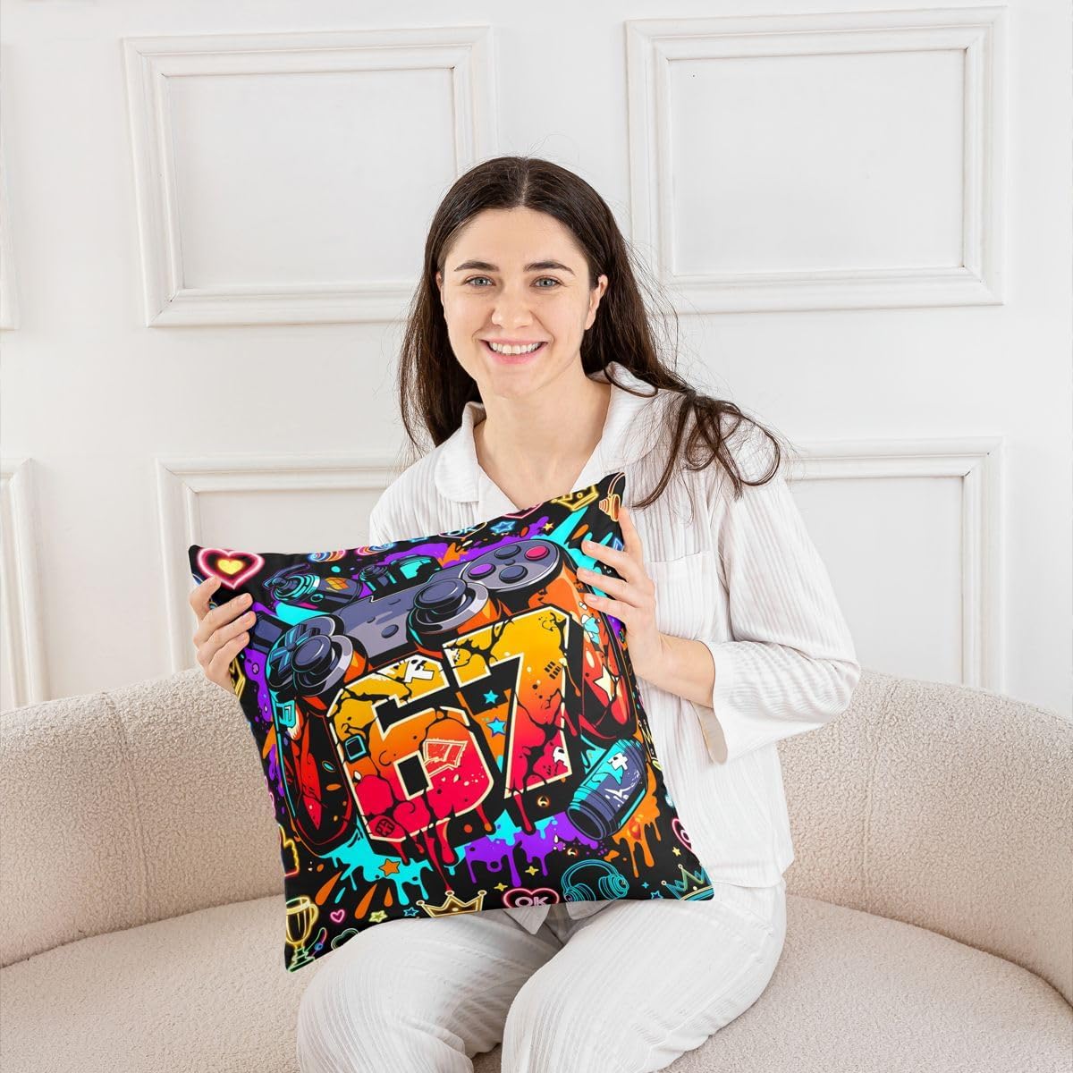 Street Hip Hop Throw Pillow Covers (Pack of 1),67 Graffiti Street Art Abstract Cushion Cover for Girls Boys Teens Gamer Gaming Pillow Cases Watercolor Living Room Sofa Bed Decor ,16"Lx16"W image 4