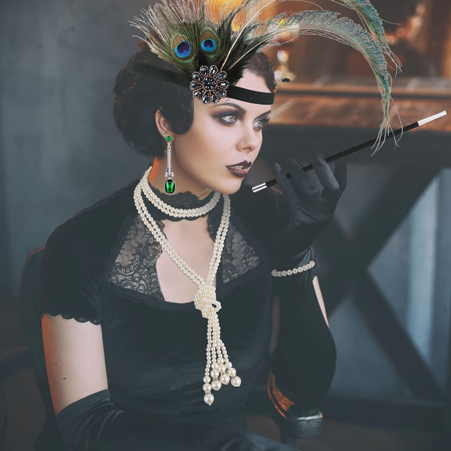 20s Flapper Accessories for Women 1920s Costume Accessories Set Halloween Fur Faux Scarf Headpiece Necklace Earrings Gloves(Modern) Multicolored - Image 7