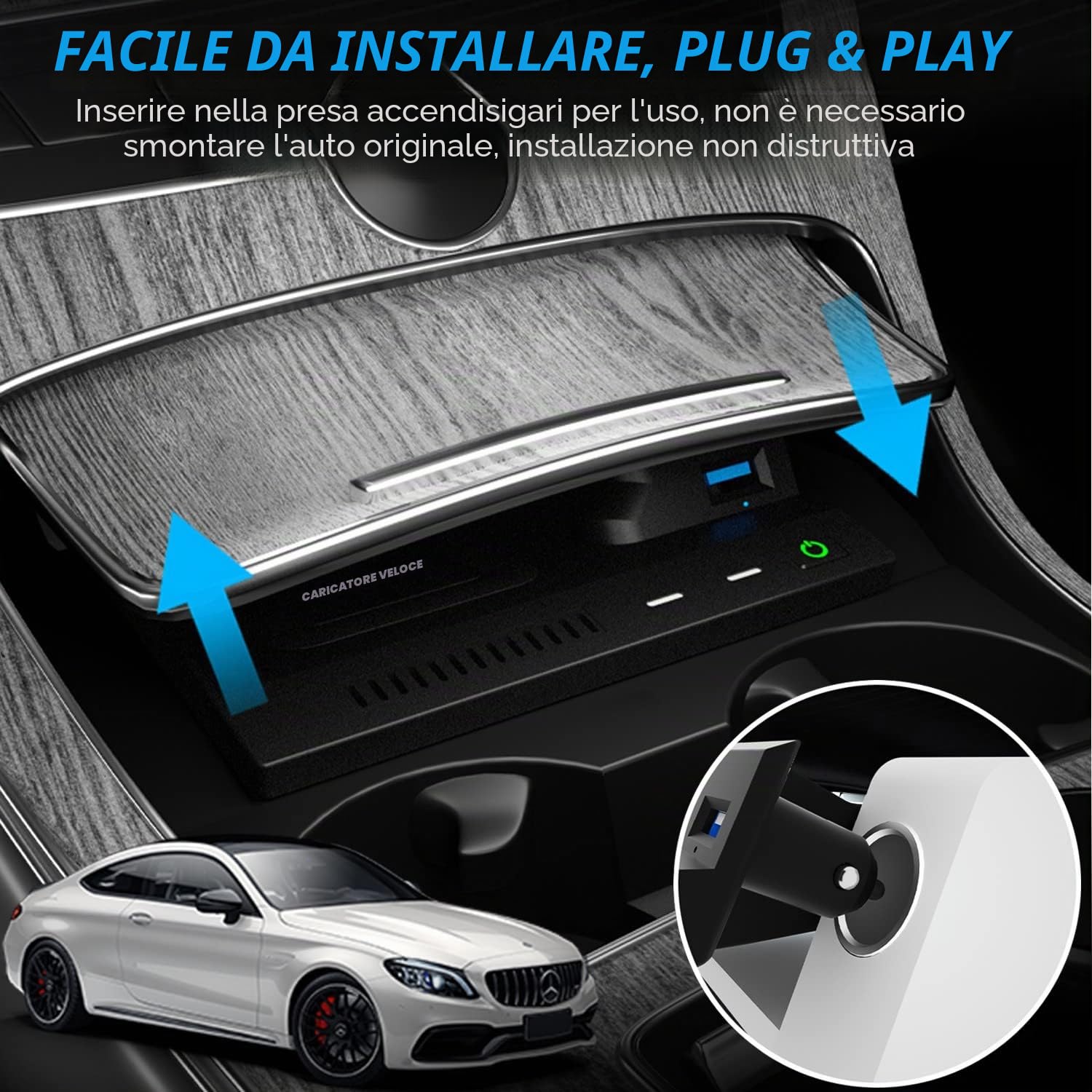 Caricatore Wireless Auto per Mercedes Benz C-Class GLC 2015-2021 C180 C200 C260 C300 C450 GLC200 GLC260 GLC300 C43 C63 GLC43 GLC63 Pannello Rapida Ricarica Telefono Pad per iPhone Samsung