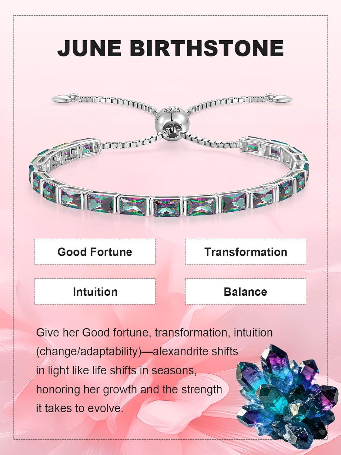 Birthstone Bracelet for Women, Adjustable 6–9 Inches White Gold Plated 925 Sterling Silver Tennis Bracelet, Anniversary Birthday Gift for Women Mom Wife Her